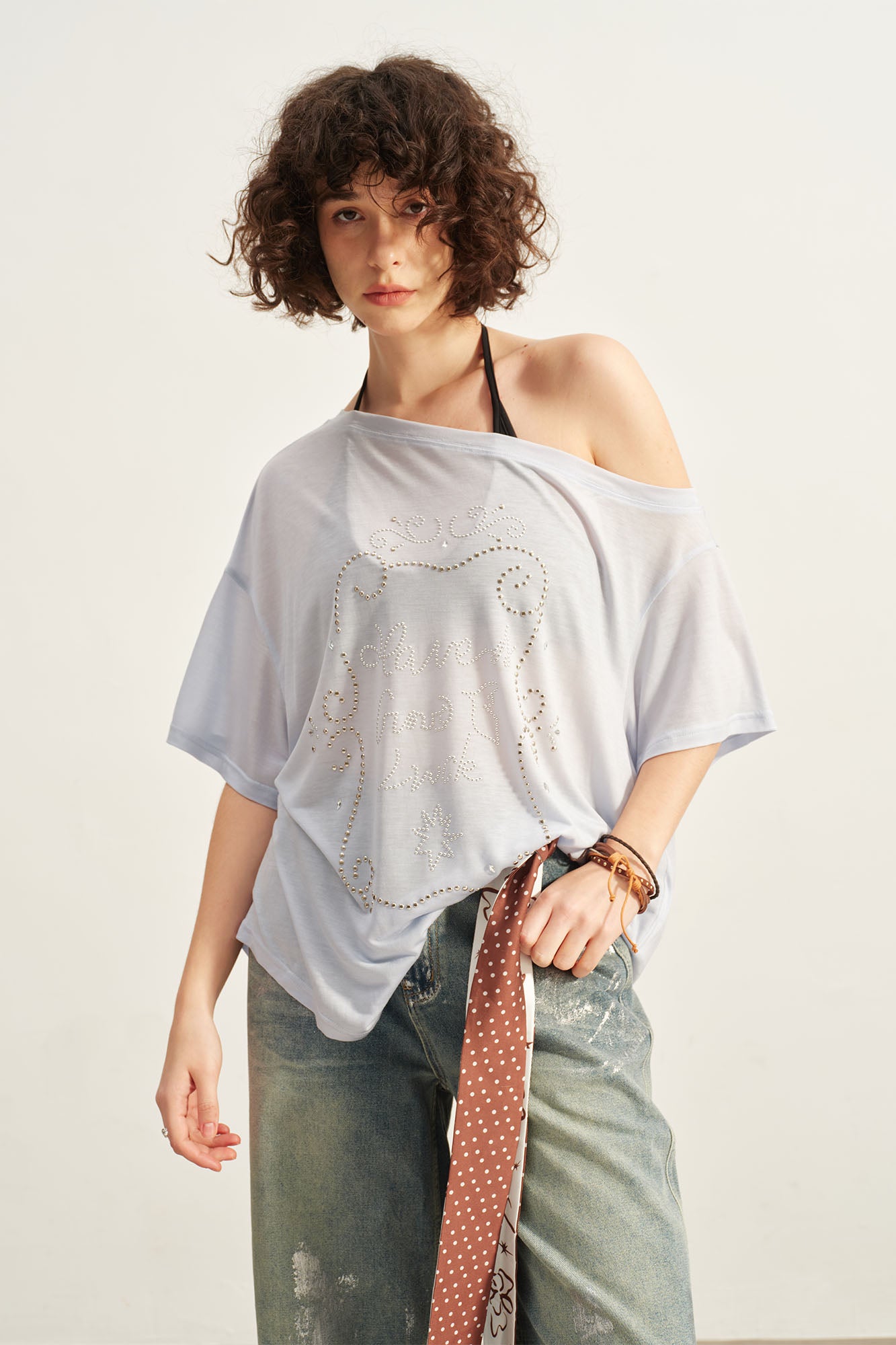 SOFITTE Off-Shoulder Studded Graphic Tee