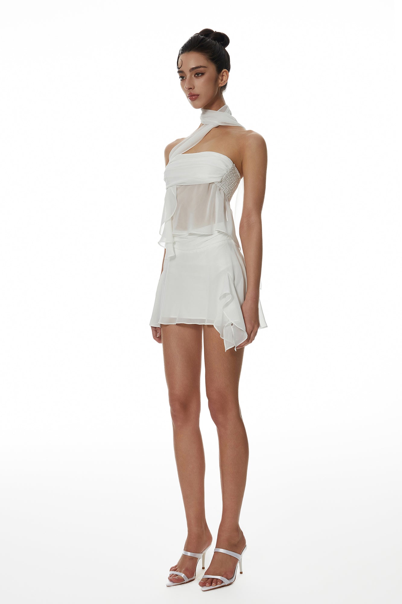 MILLIONLOTUS Sheer Tulle Bandeau & Ribbon-Waist Skirt Set