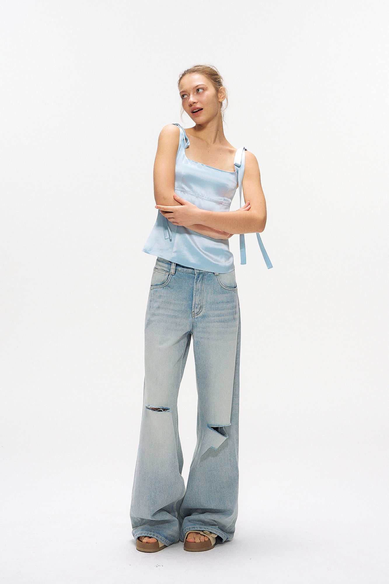 10AMSOTIIIIIIRED Bow-Shoulder Square-Neck Satin Top