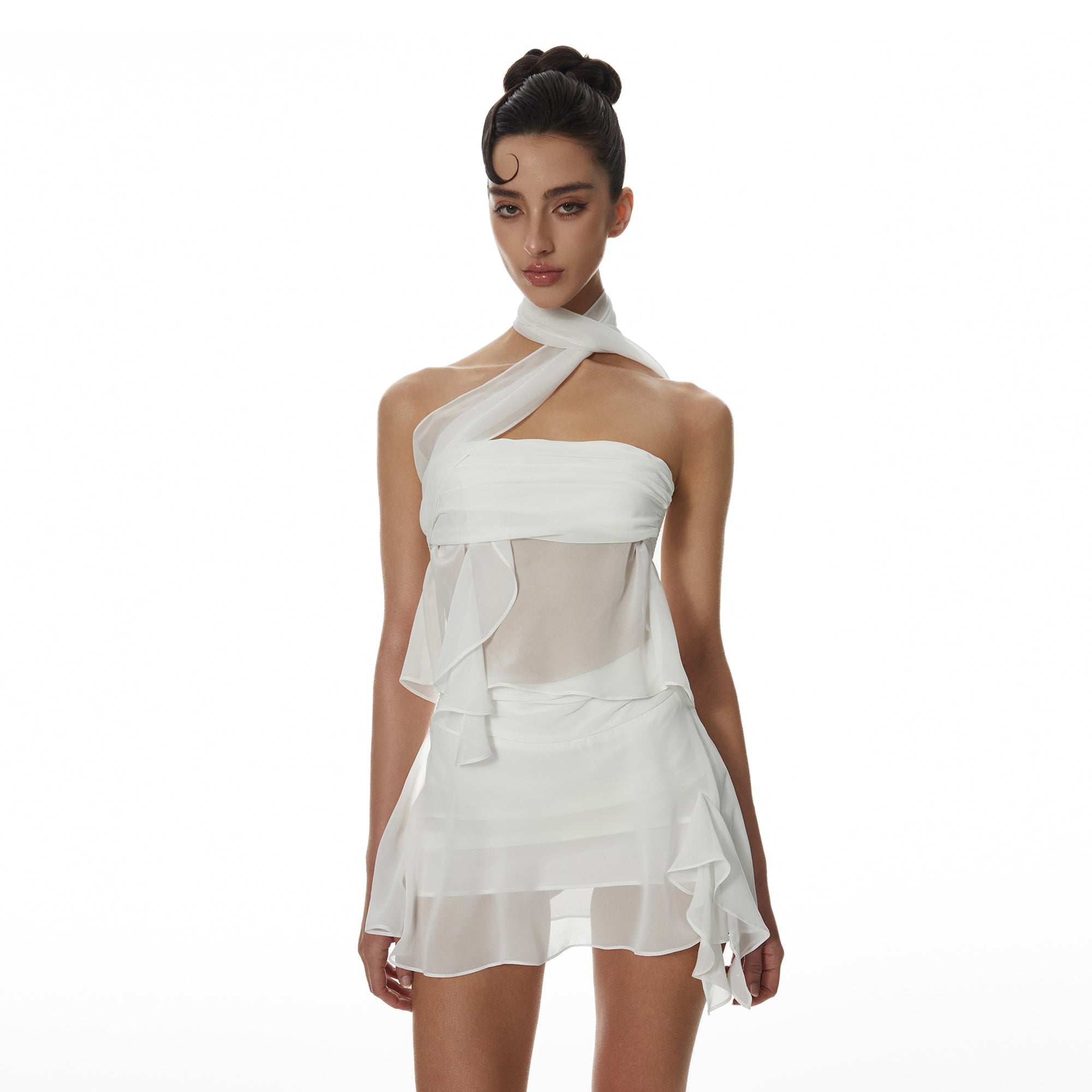 MILLIONLOTUS Sheer Tulle Bandeau & Ribbon-Waist Skirt Set