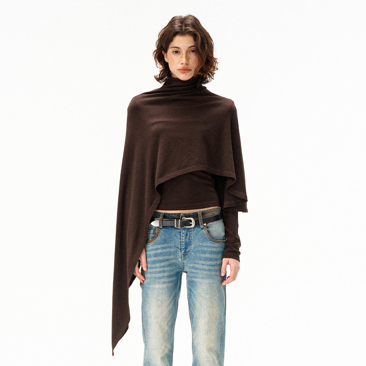 COSTUSTOOT Cape-Style Asymmetric Layered Knit Long-Sleeve Tee