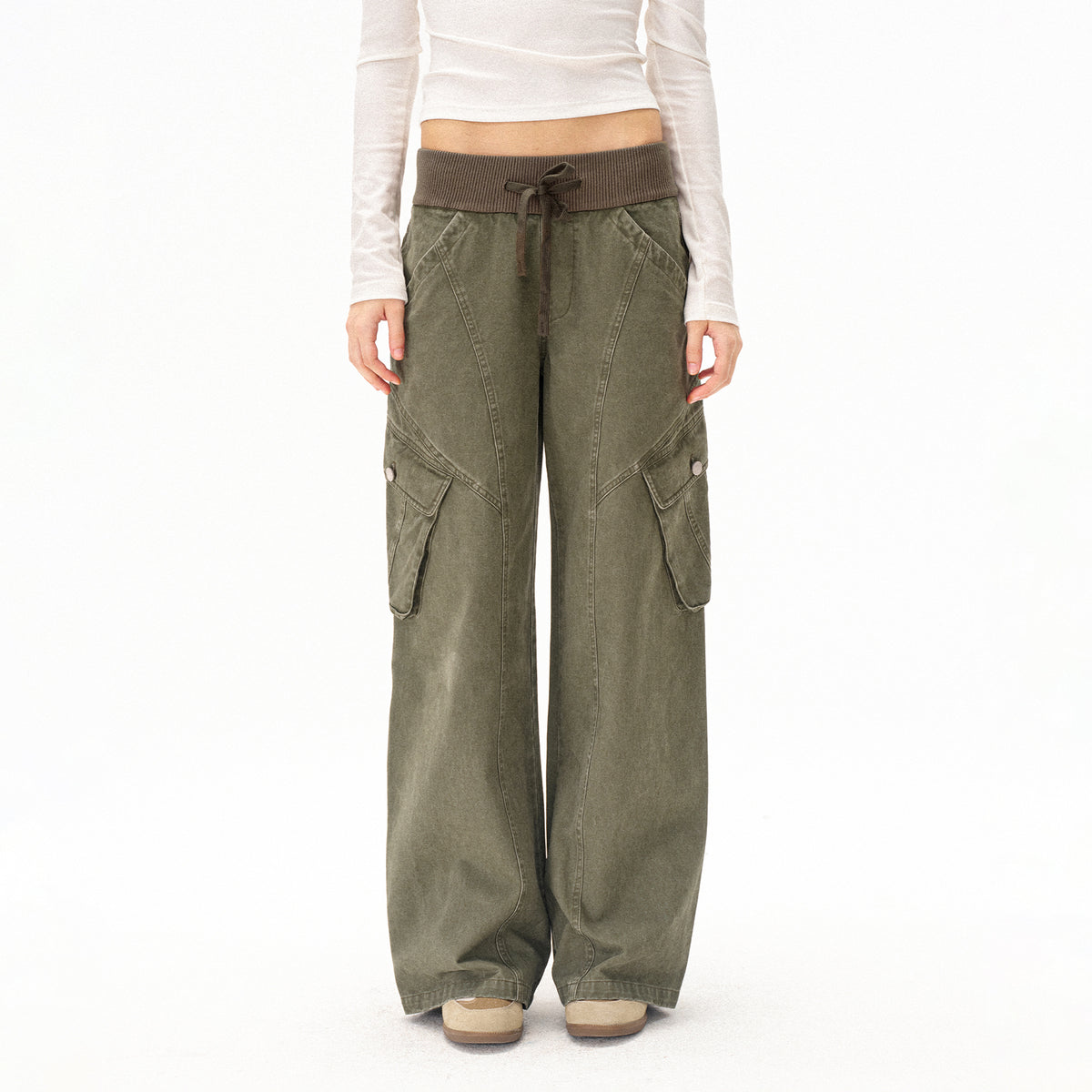 COSTUSTOOT Multi-Pocket Washed Distressed Ribbed Waist Cargo Pants