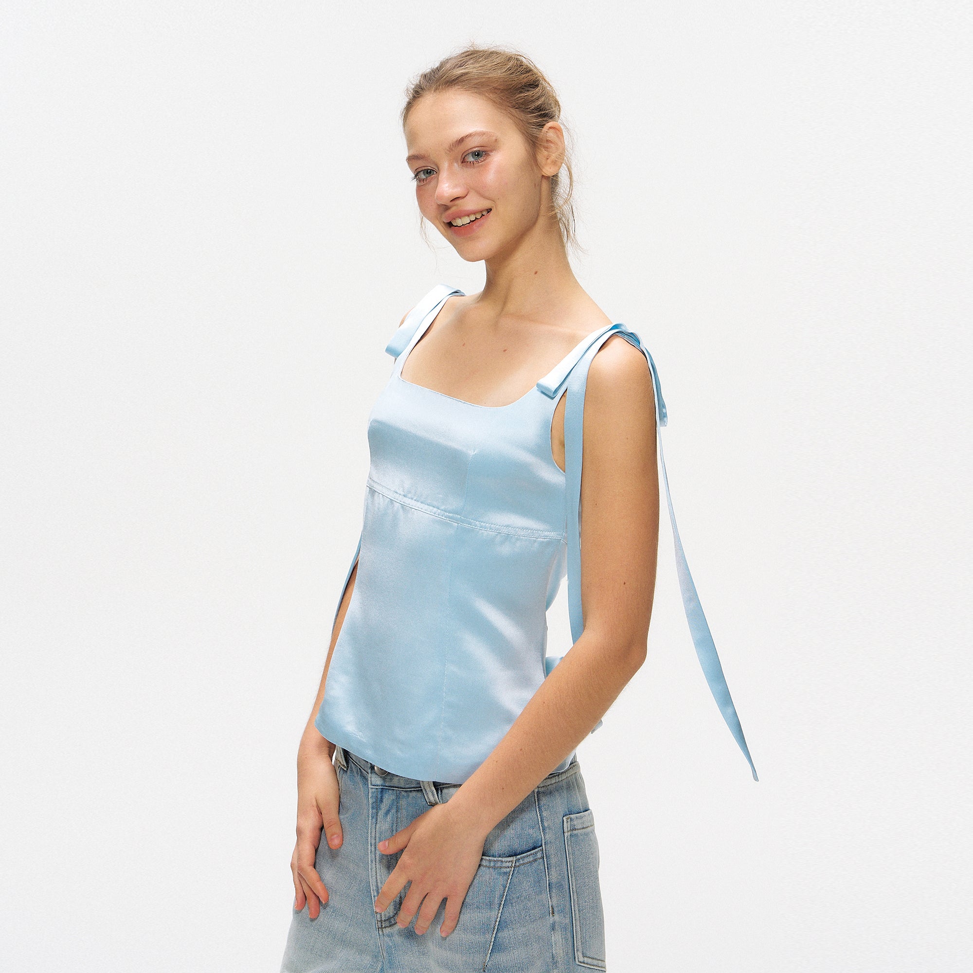 10AMSOTIIIIIIRED Bow-Shoulder Square-Neck Satin Top