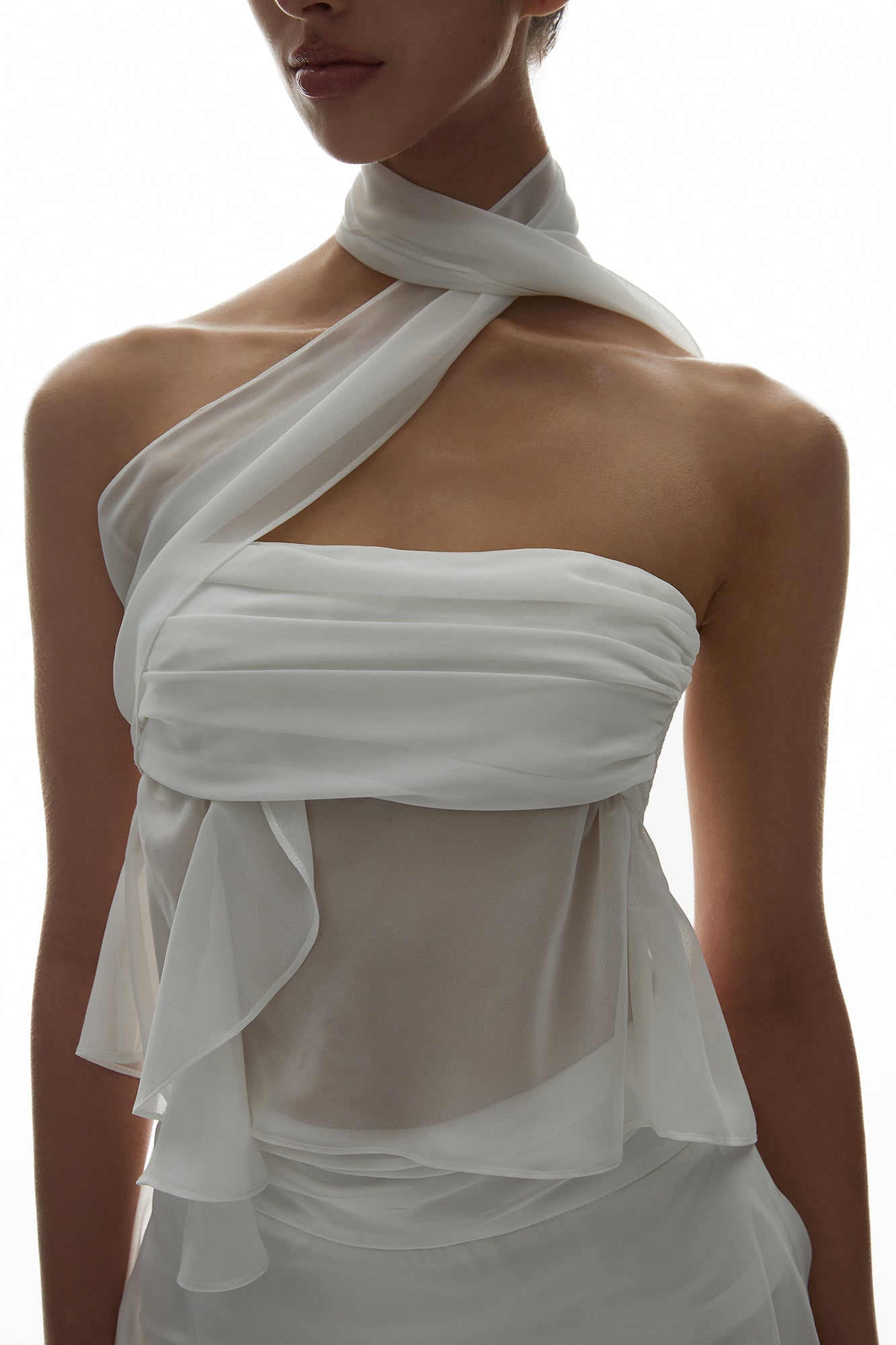 MILLIONLOTUS Sheer Tulle Bandeau & Ribbon-Waist Skirt Set