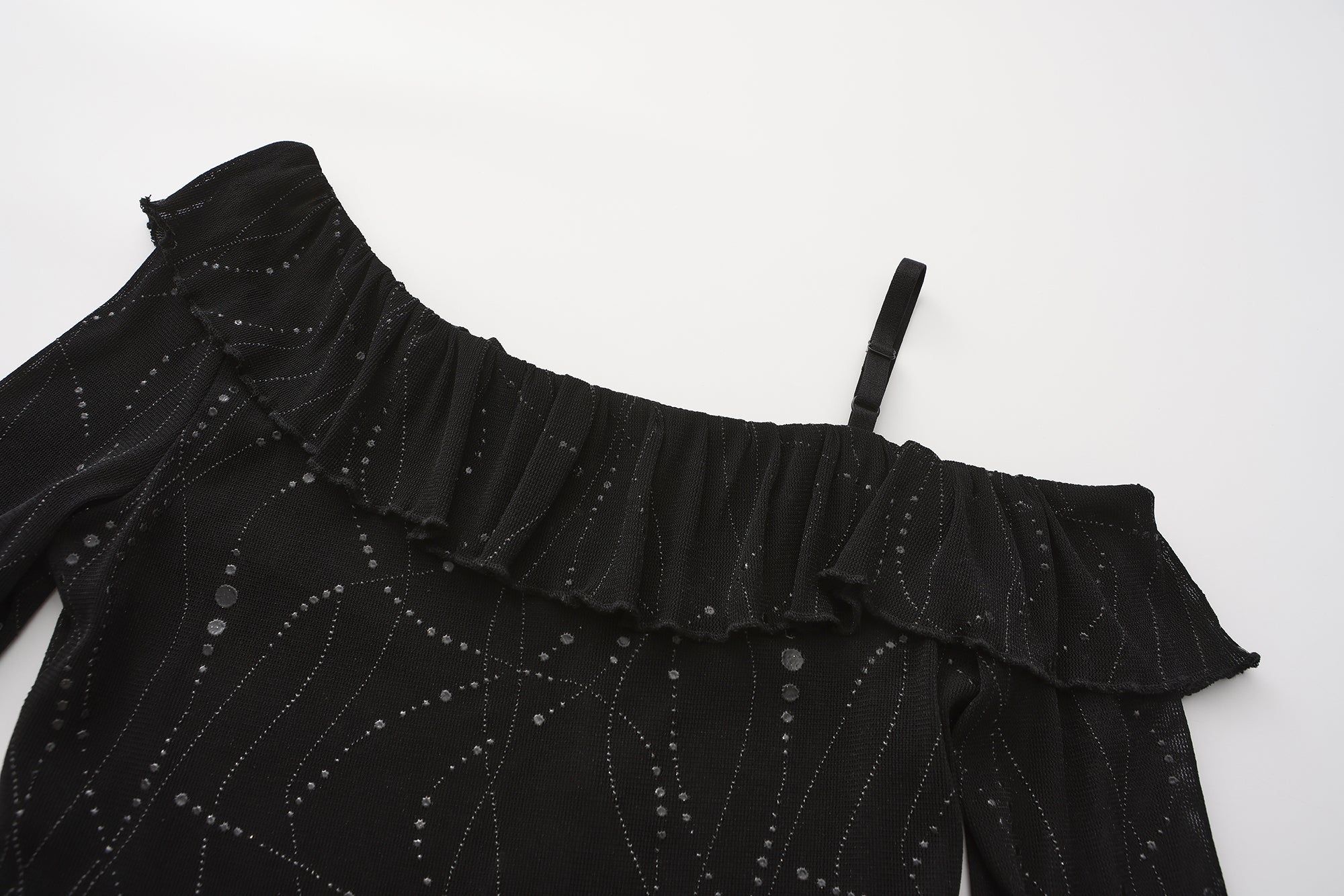 JIUWU PARK Off-Shoulder Ruffle-Hem Mesh Long-Sleeve Tee
