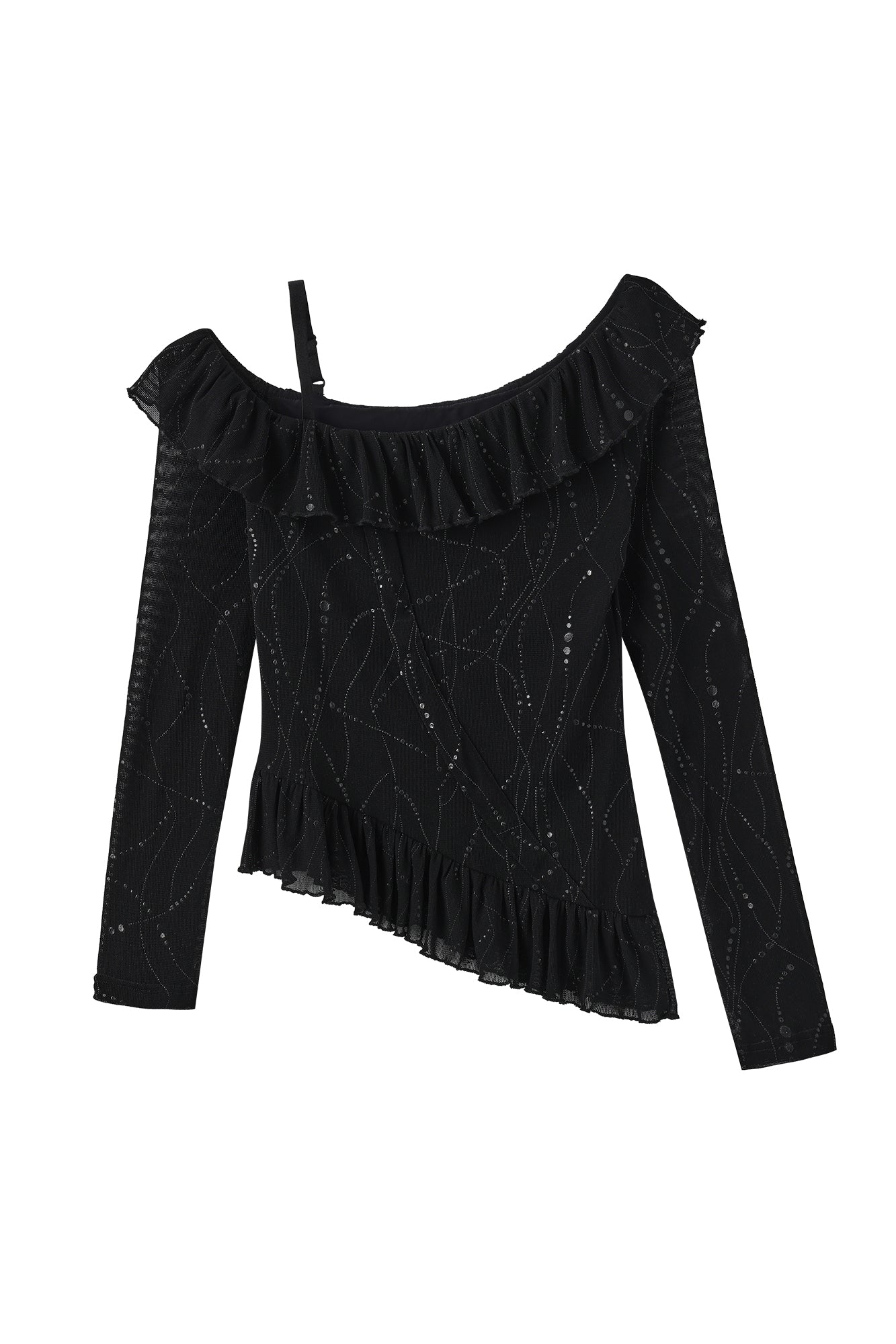 JIUWU PARK Off-Shoulder Ruffle-Hem Mesh Long-Sleeve Tee