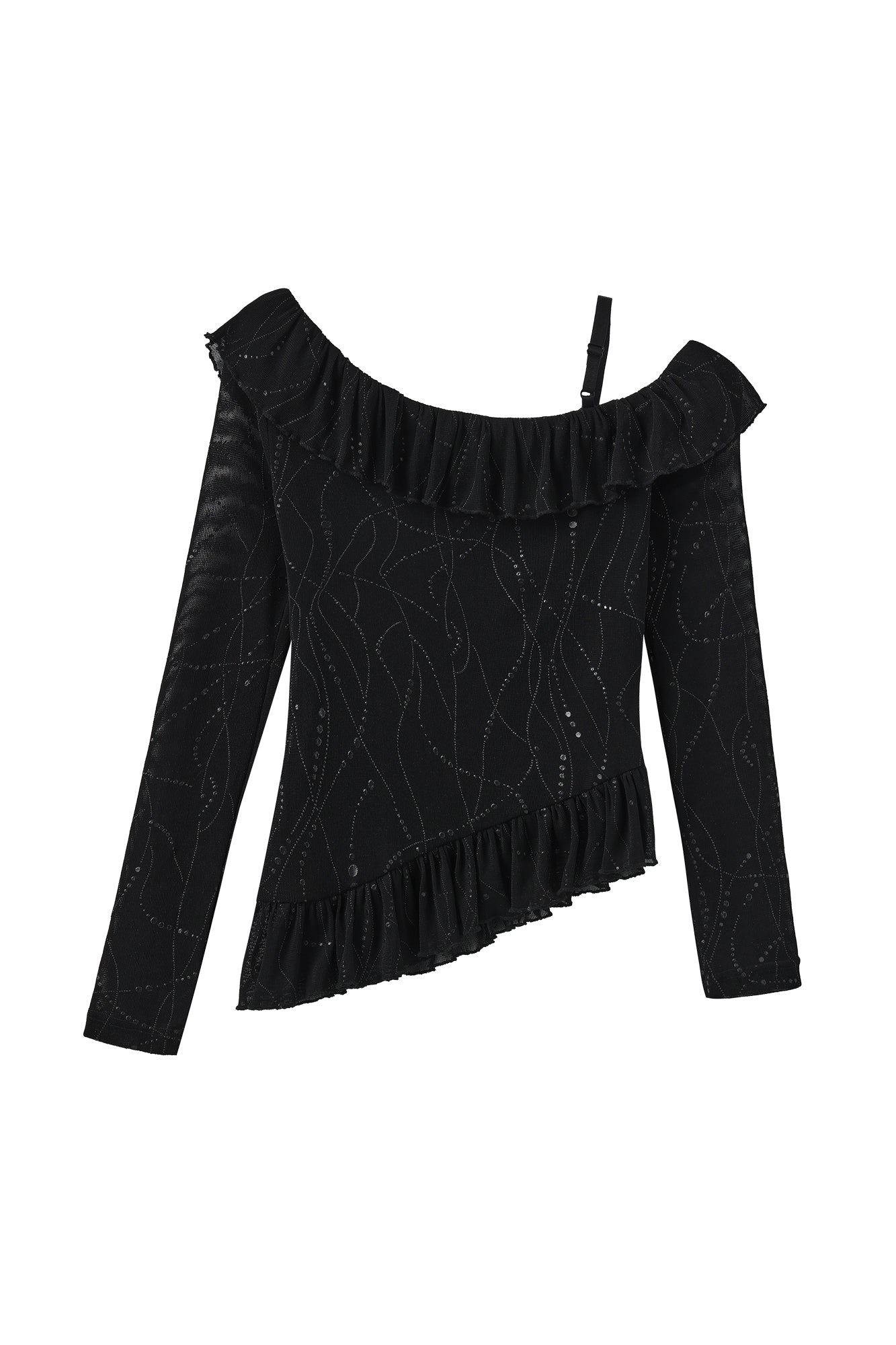 JIUWU PARK Off-Shoulder Ruffle-Hem Mesh Long-Sleeve Tee