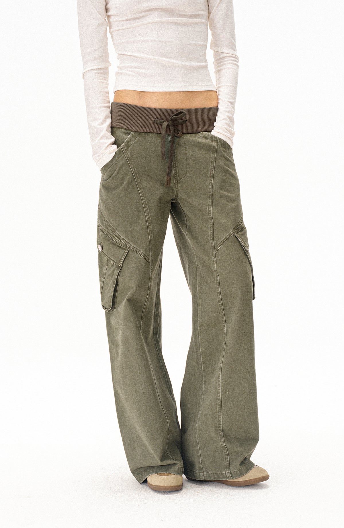 COSTUSTOOT Multi-Pocket Washed Distressed Ribbed Waist Cargo Pants
