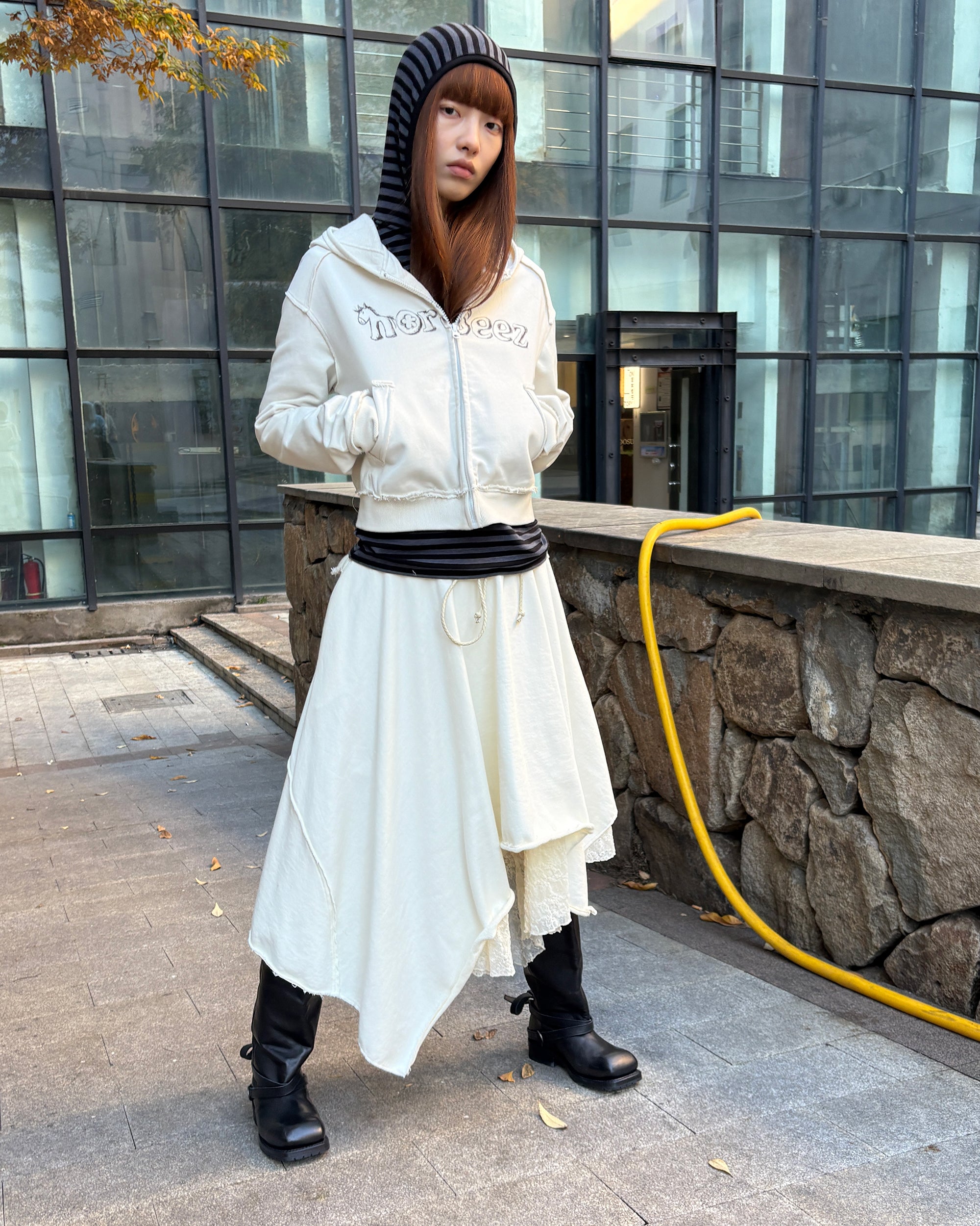 NEVERSEEZ Asymmetric Lace-Insert Knit Midi Skirt