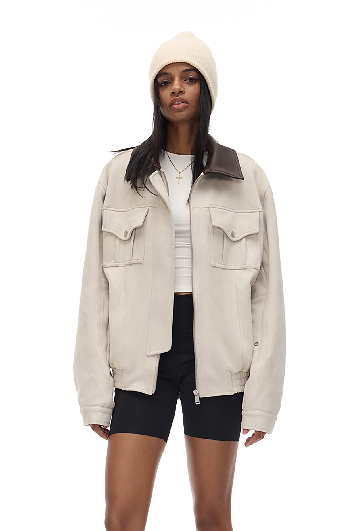 COSTUSTOOT Contrast-Collar Suede Oversized Big-Pocket Jacket