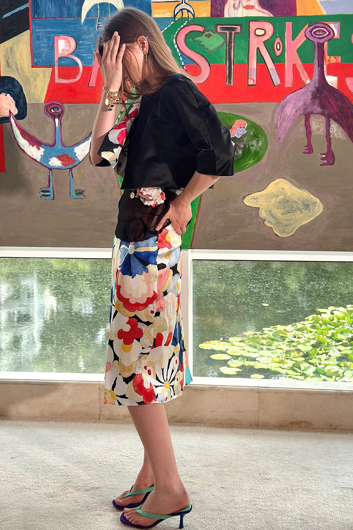 WINGFREE Retro Silk Floral Print Bias-Cut Midi Skirt