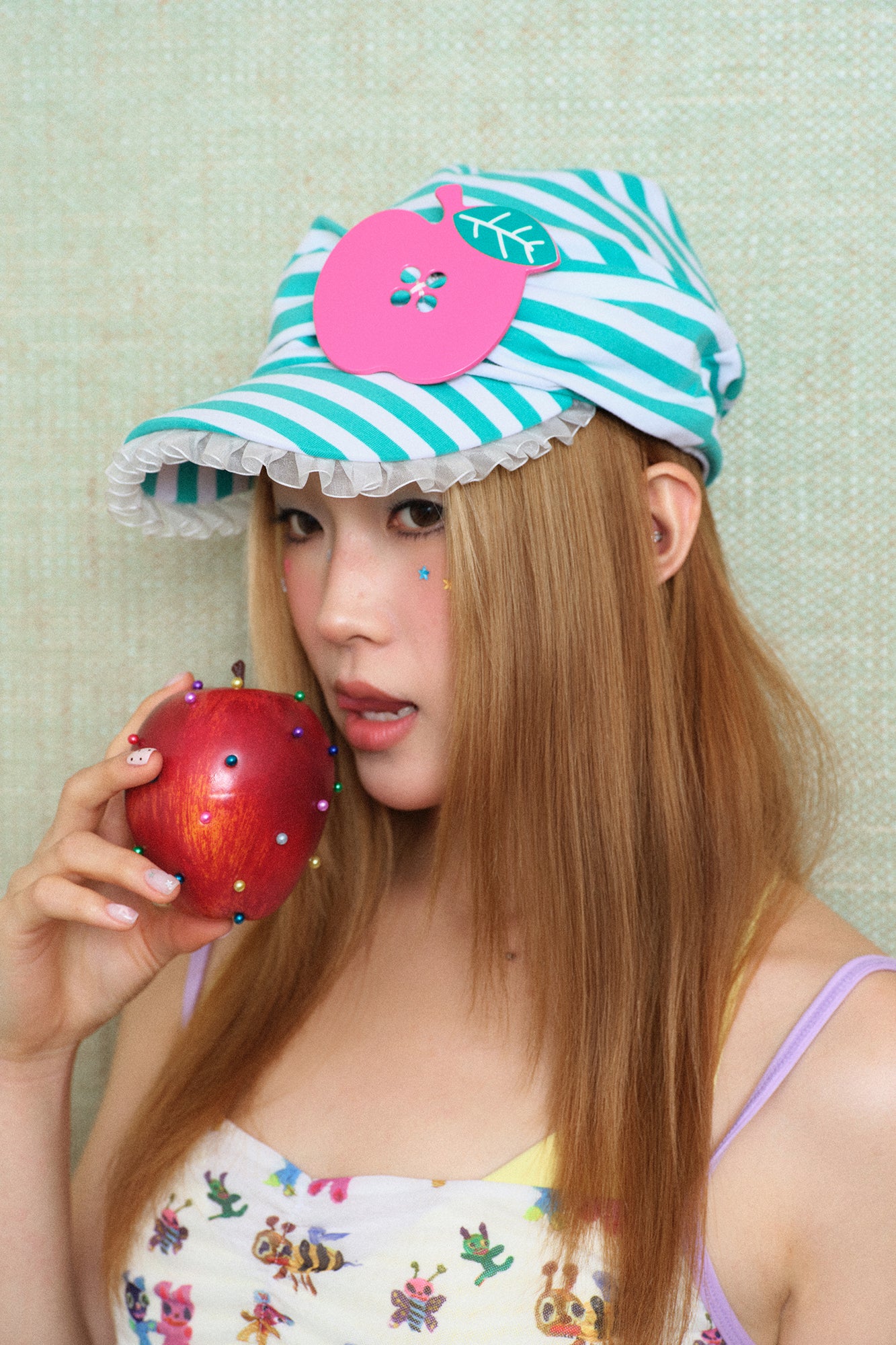 SANB Striped Ruffle Trim Apple Detail Cap