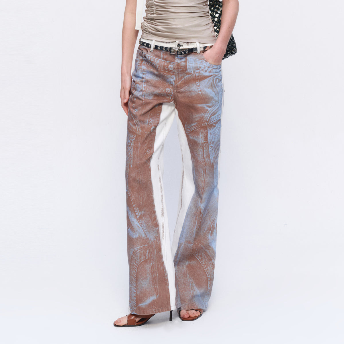 AURA LAND Retro Double-Sided Graphic Low-Rise Flared Jeans