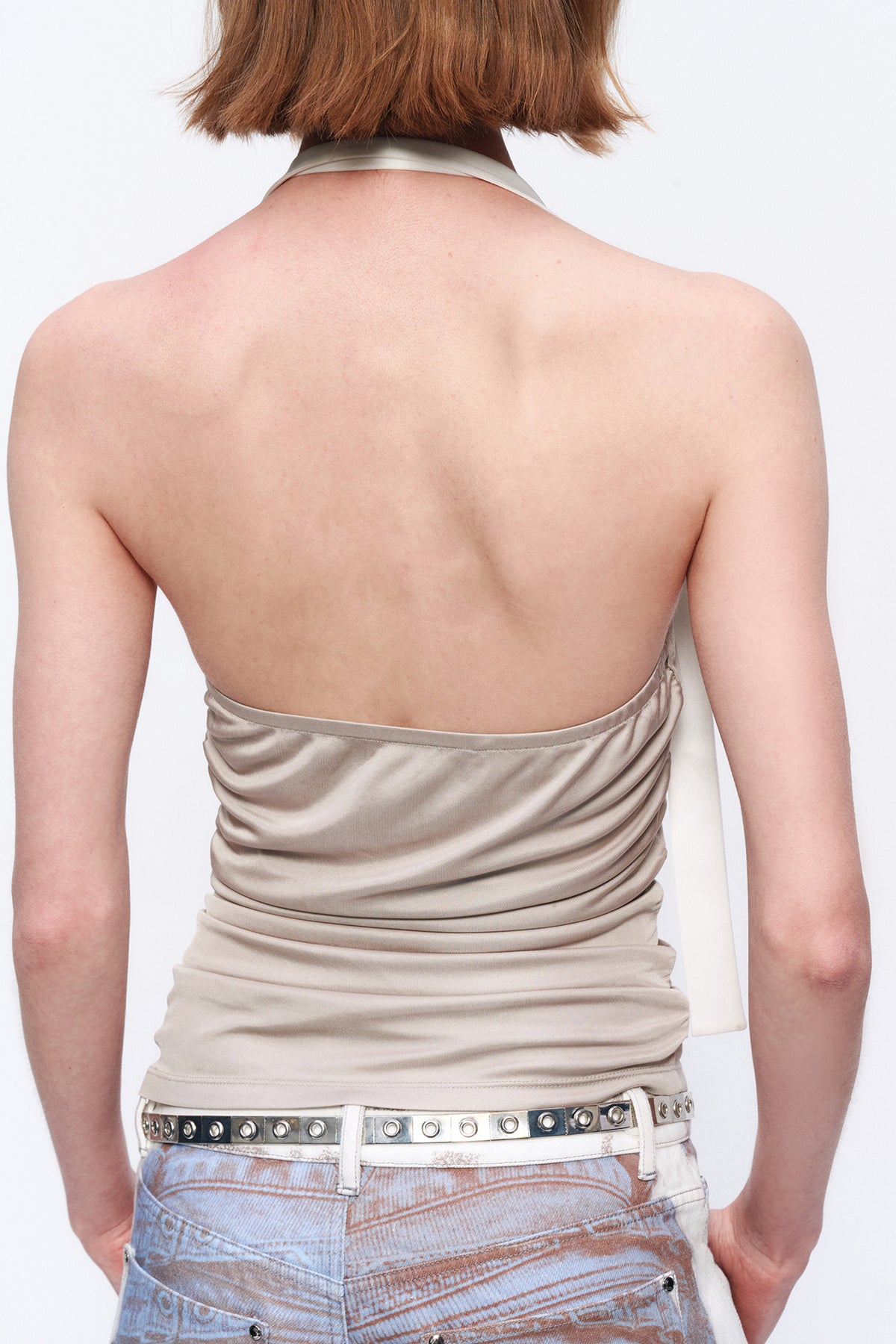 AURA LAND Pleated Asymmetric Off-Shoulder Halter Top