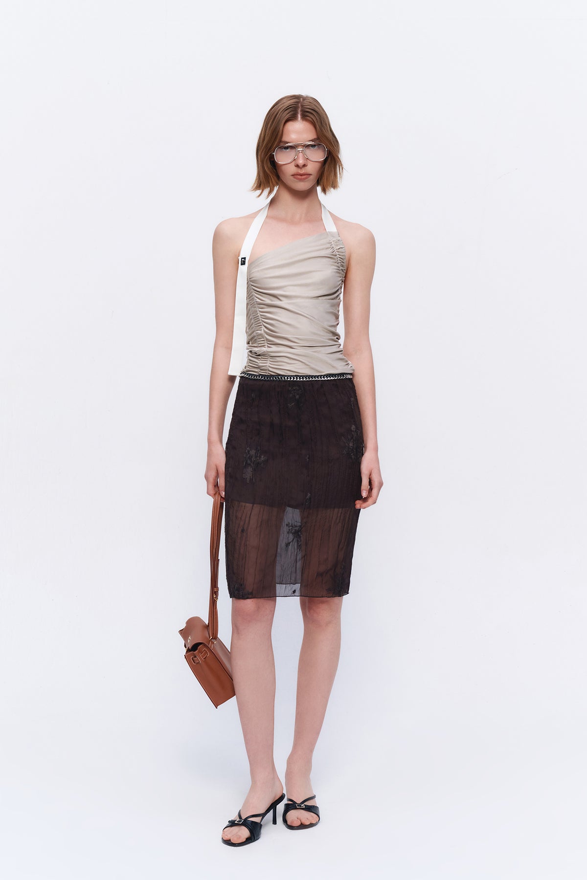 AURA LAND Pleated Asymmetric Off-Shoulder Halter Top