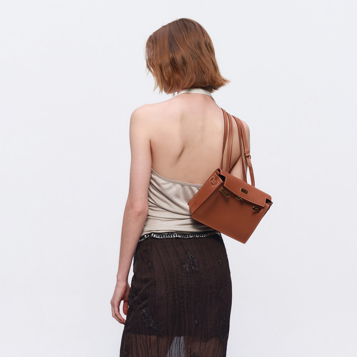 AURA LAND Pleated Asymmetric Off-Shoulder Halter Top