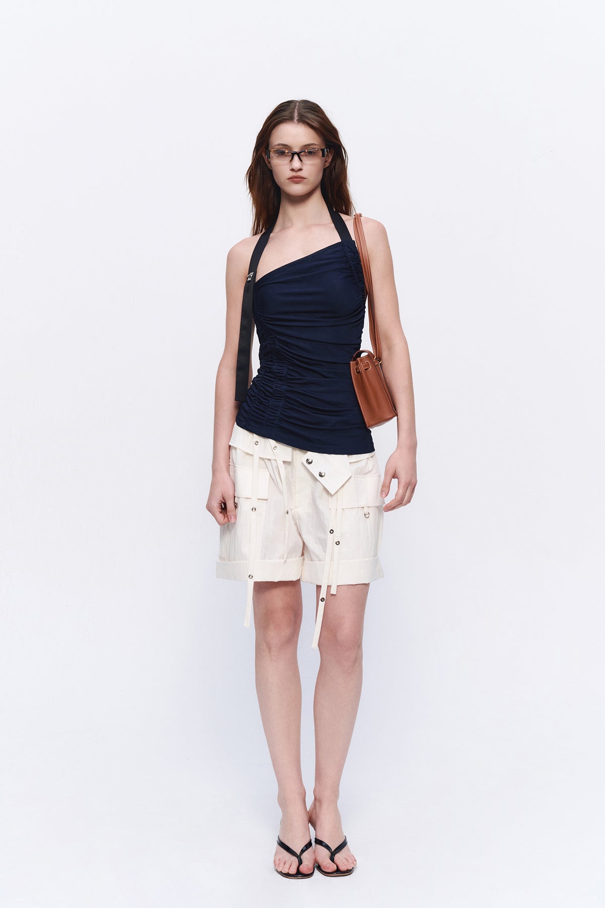 AURA LAND Pleated Asymmetric Off-Shoulder Halter Top