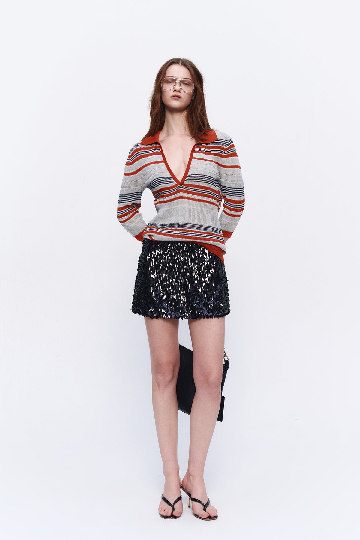 AURA LAND Striped Polo-Neck Wool-Blend Tee