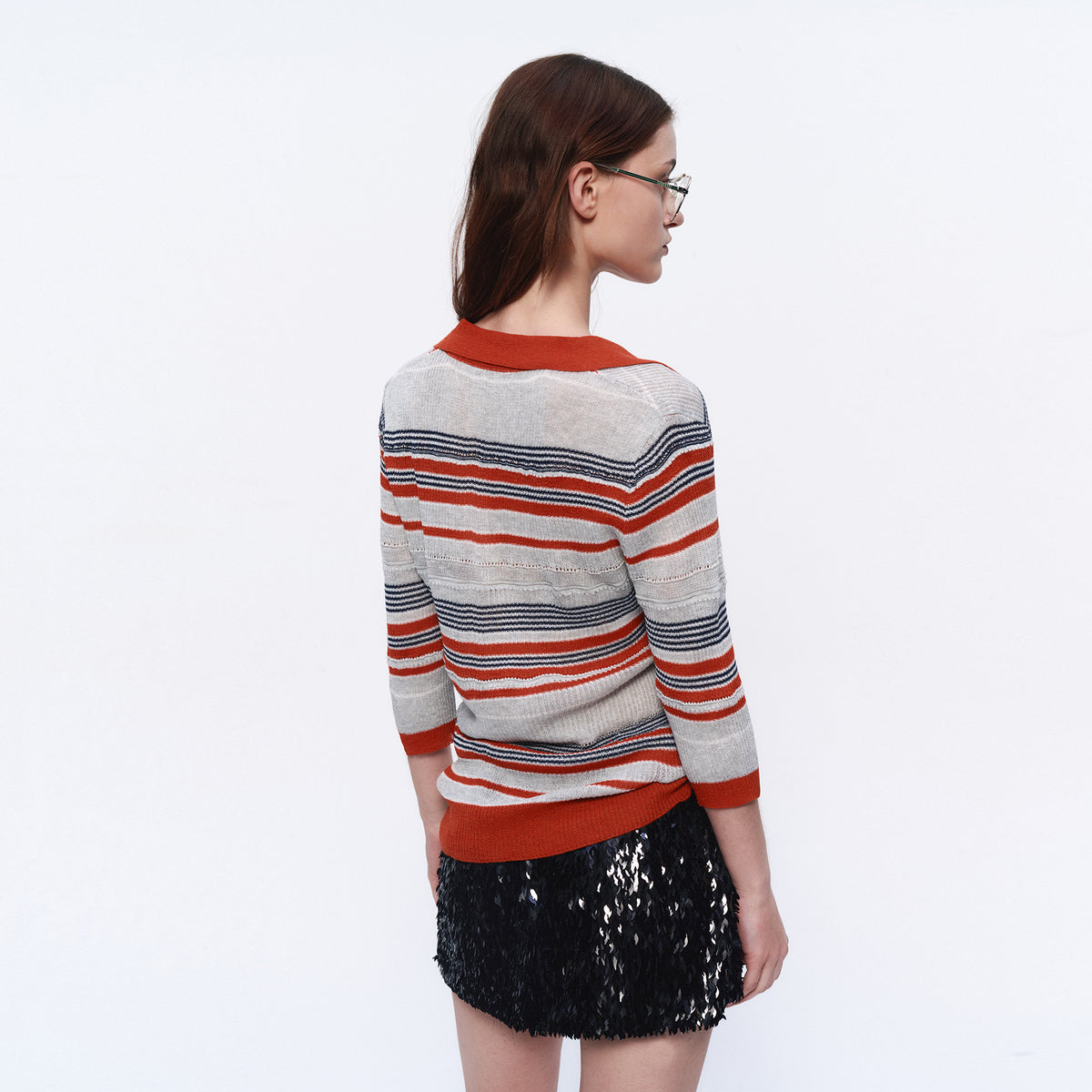 AURA LAND Striped Polo-Neck Wool-Blend Tee