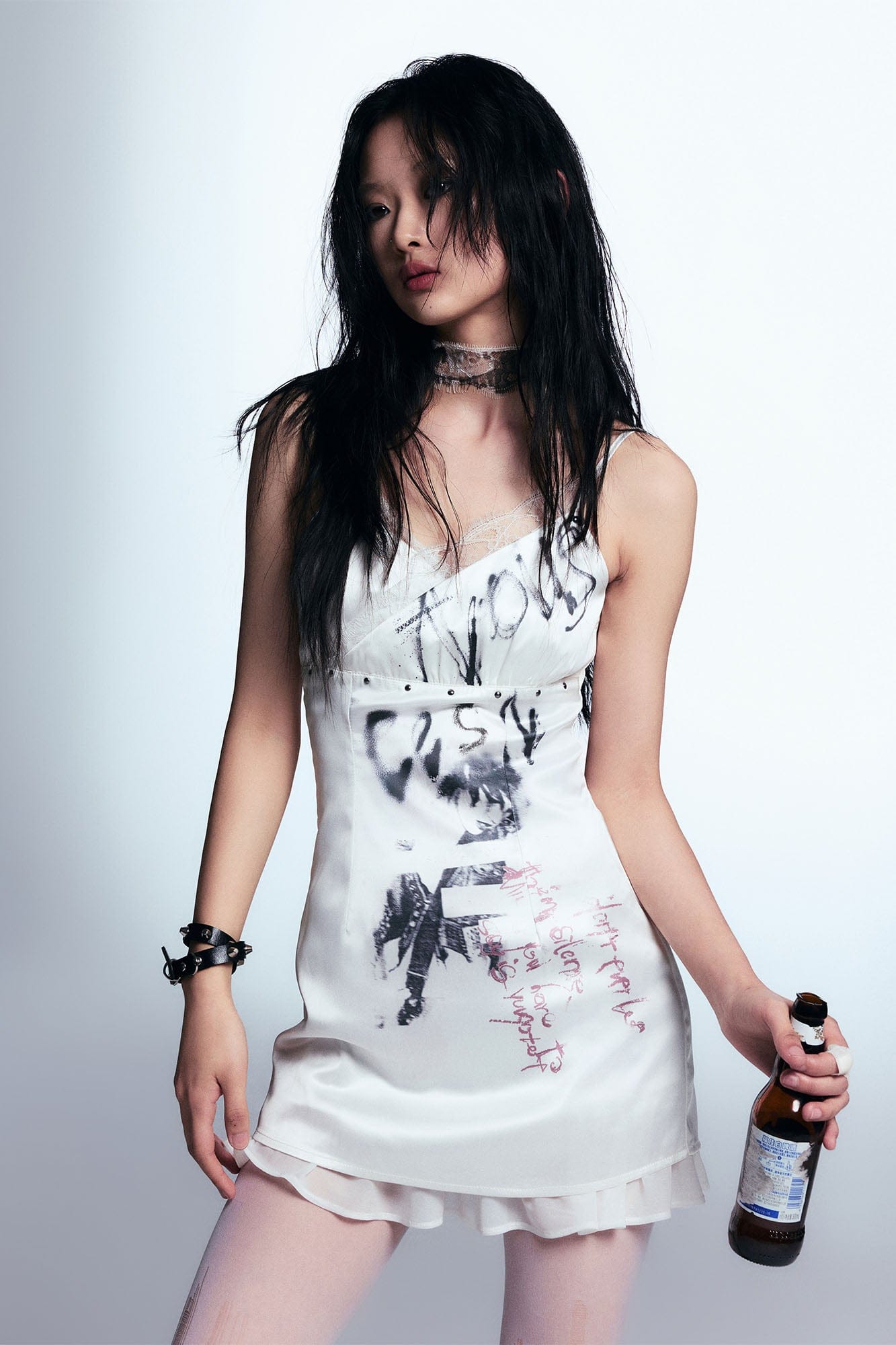 CESTNOUS Graffiti Mesh-Trim Slip Dress