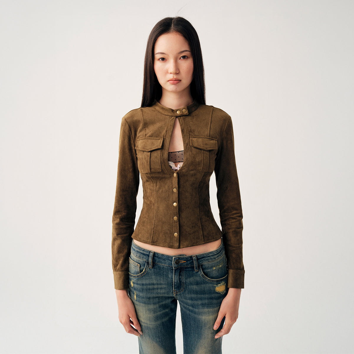 DOTYEARS Faux-Suede Cutout Utility-Pocket Fitted Jacket