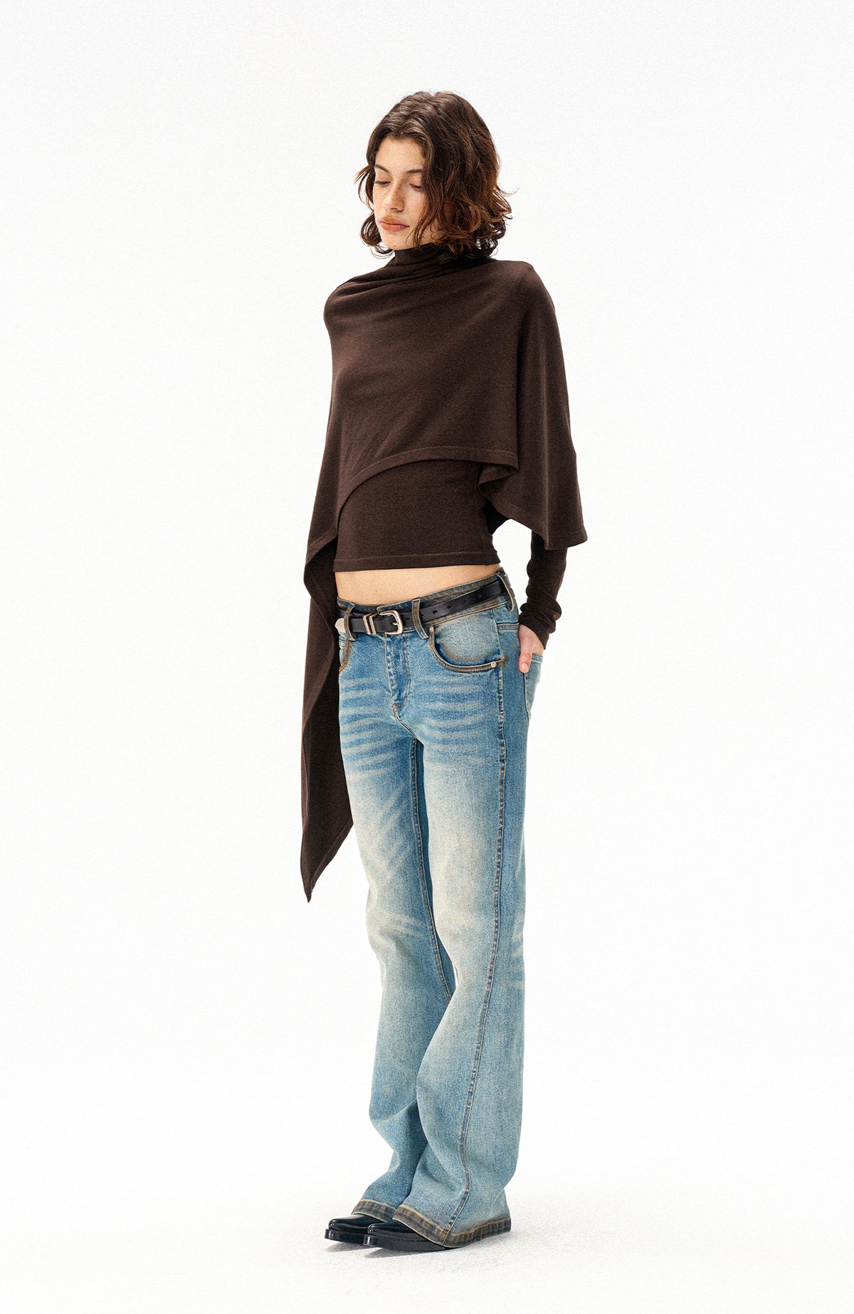 COSTUSTOOT Cape-Style Asymmetric Layered Knit Long-Sleeve Tee