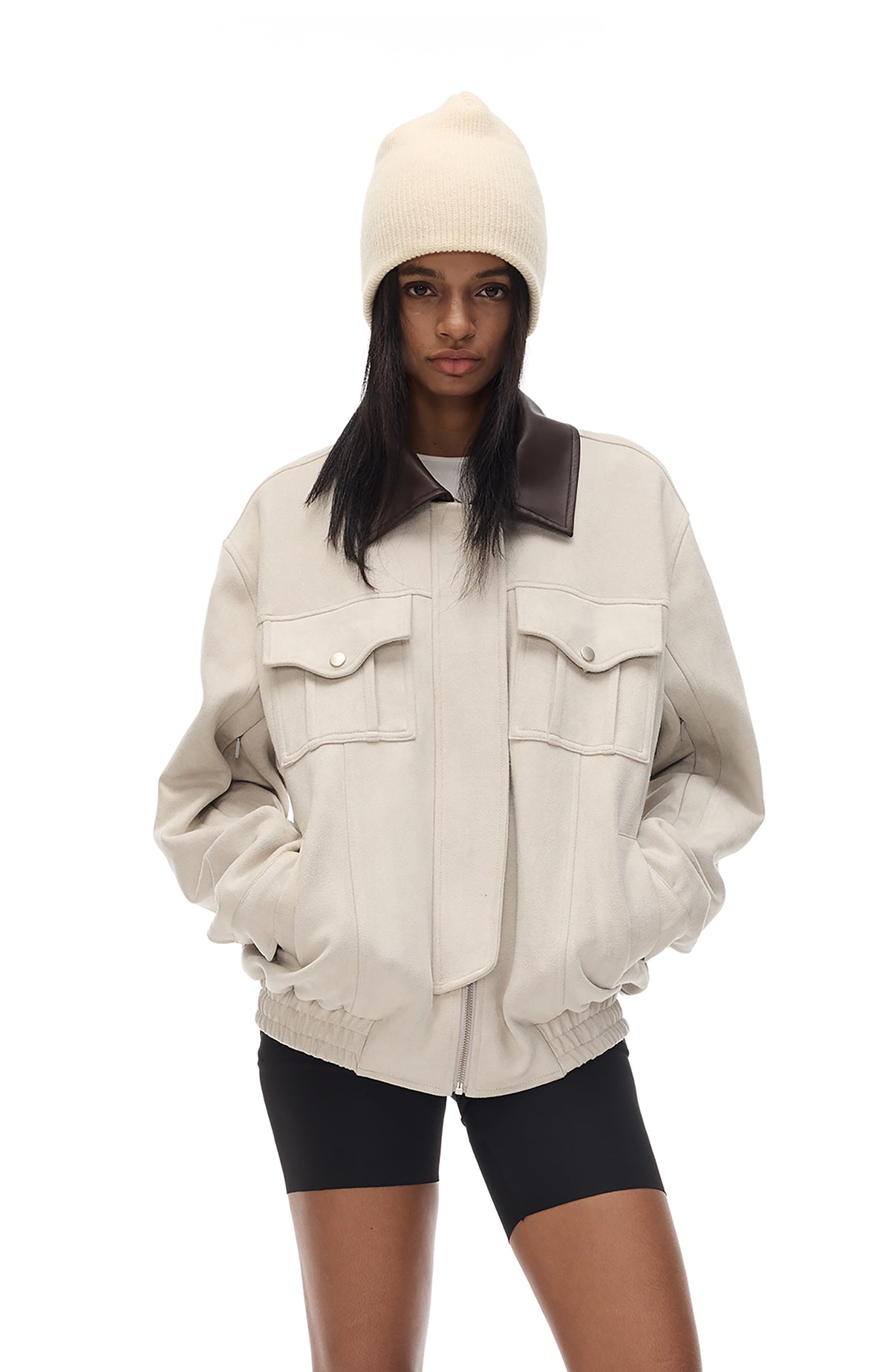 COSTUSTOOT Contrast-Collar Suede Oversized Big-Pocket Jacket