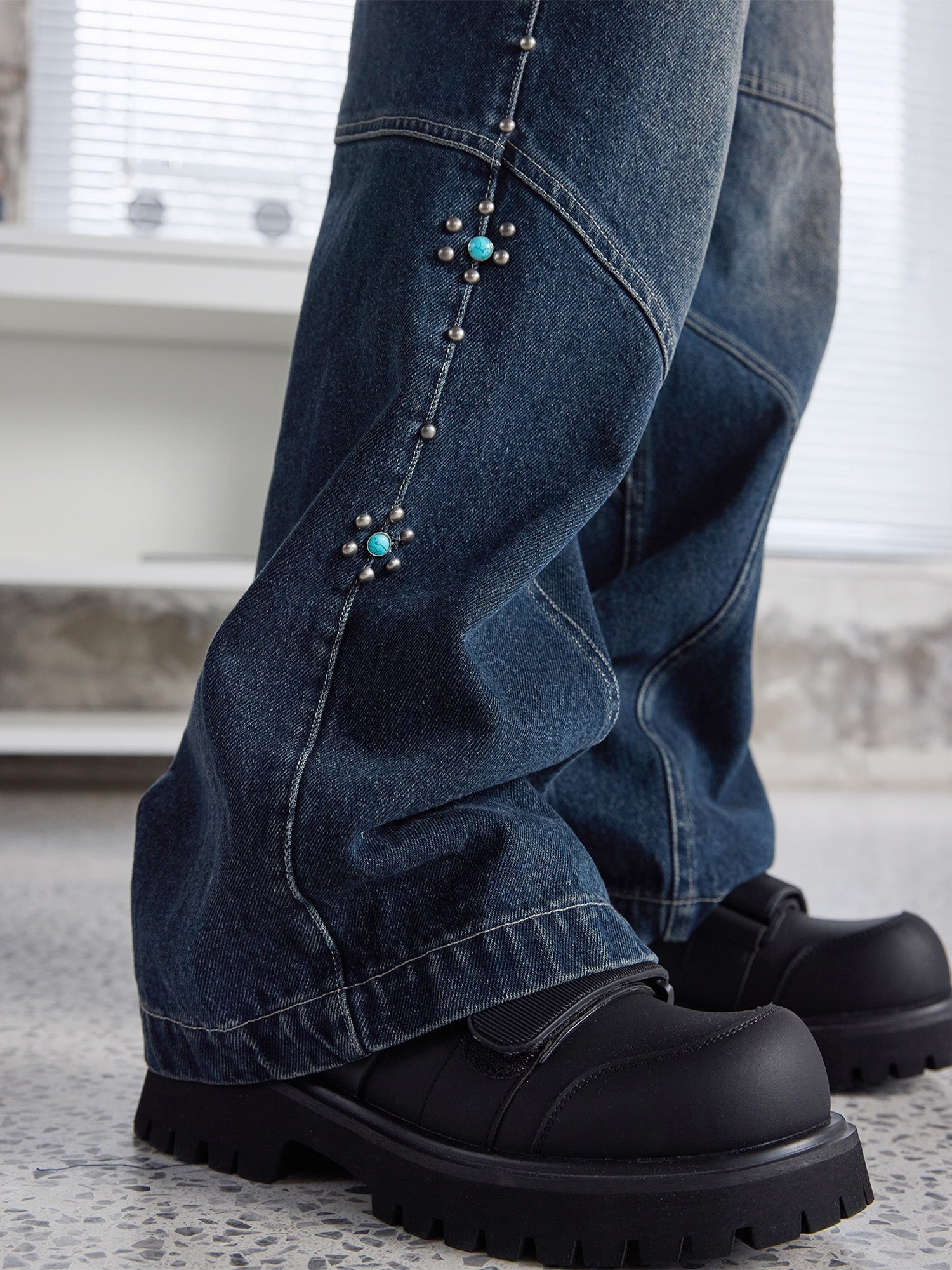 ERROR CODE ROBOT Turquoise Studded Paneled Jeans, premium urban and streetwear designers apparel on PROJECTISR.com, ERROR CODE ROBOT