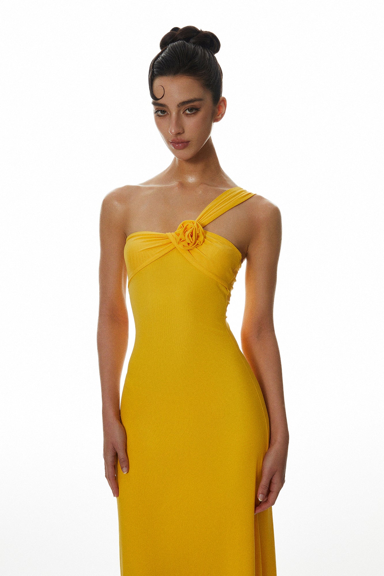 MILLIONLOTUS Rosette One-Shoulder Ruched Maxi Dress