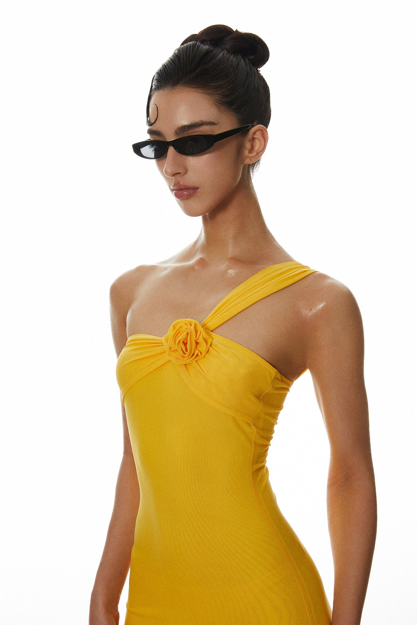MILLIONLOTUS Rosette One-Shoulder Ruched Maxi Dress