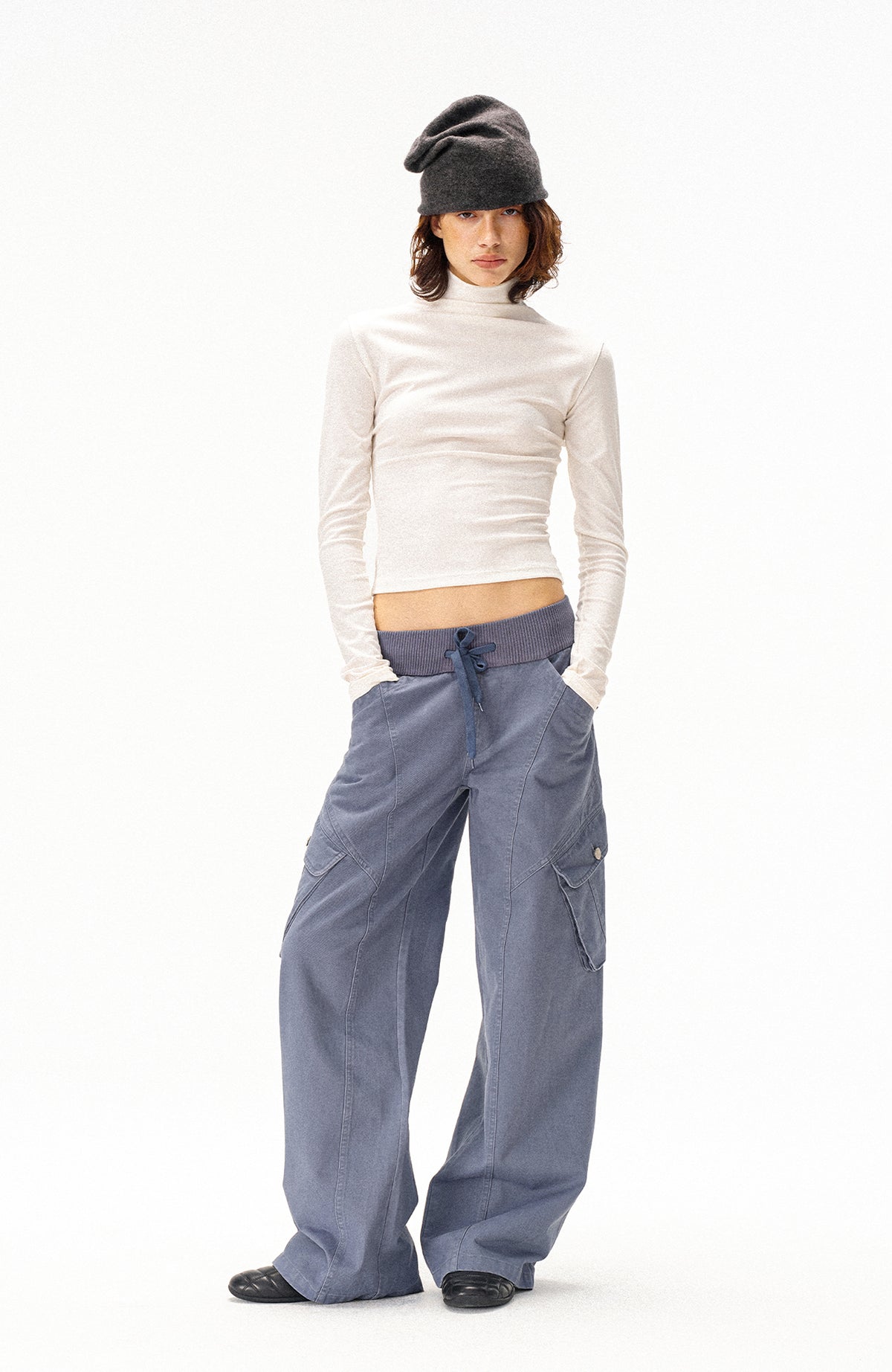 COSTUSTOOT Multi-Pocket Washed Distressed Ribbed Waist Cargo Pants