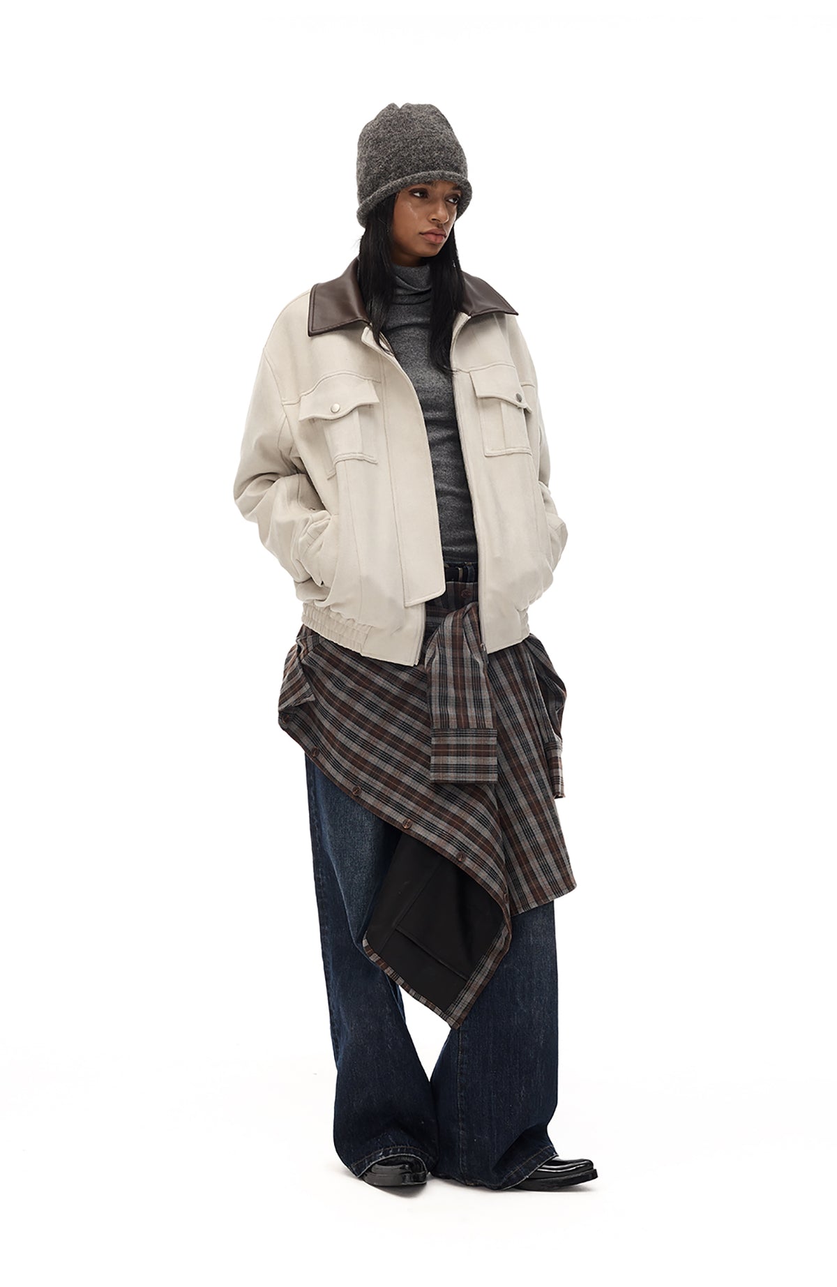 COSTUSTOOT Contrast-Collar Suede Oversized Big-Pocket Jacket