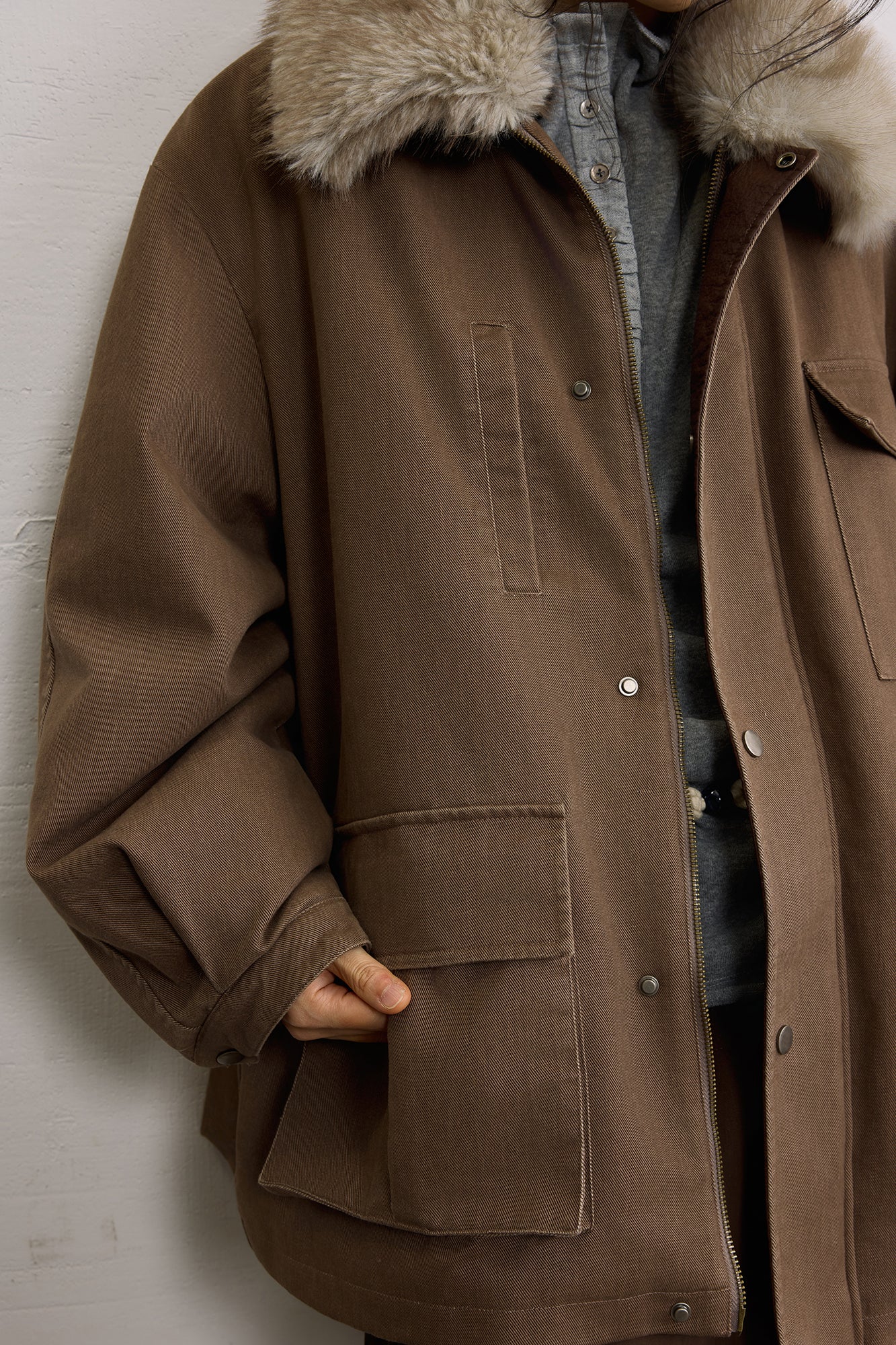 SAME FLOW Faux Fur Collar Oversized Utility Jacket