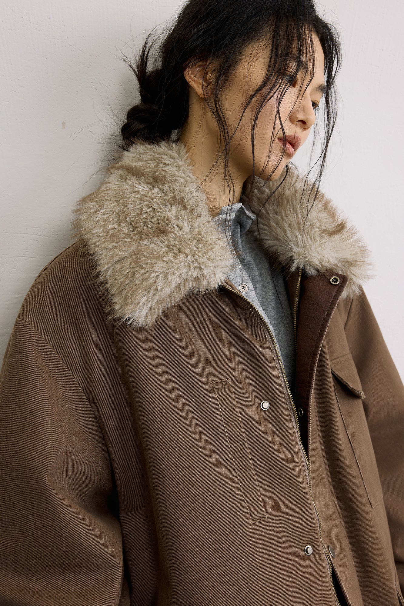 SAME FLOW Faux Fur Collar Oversized Utility Jacket