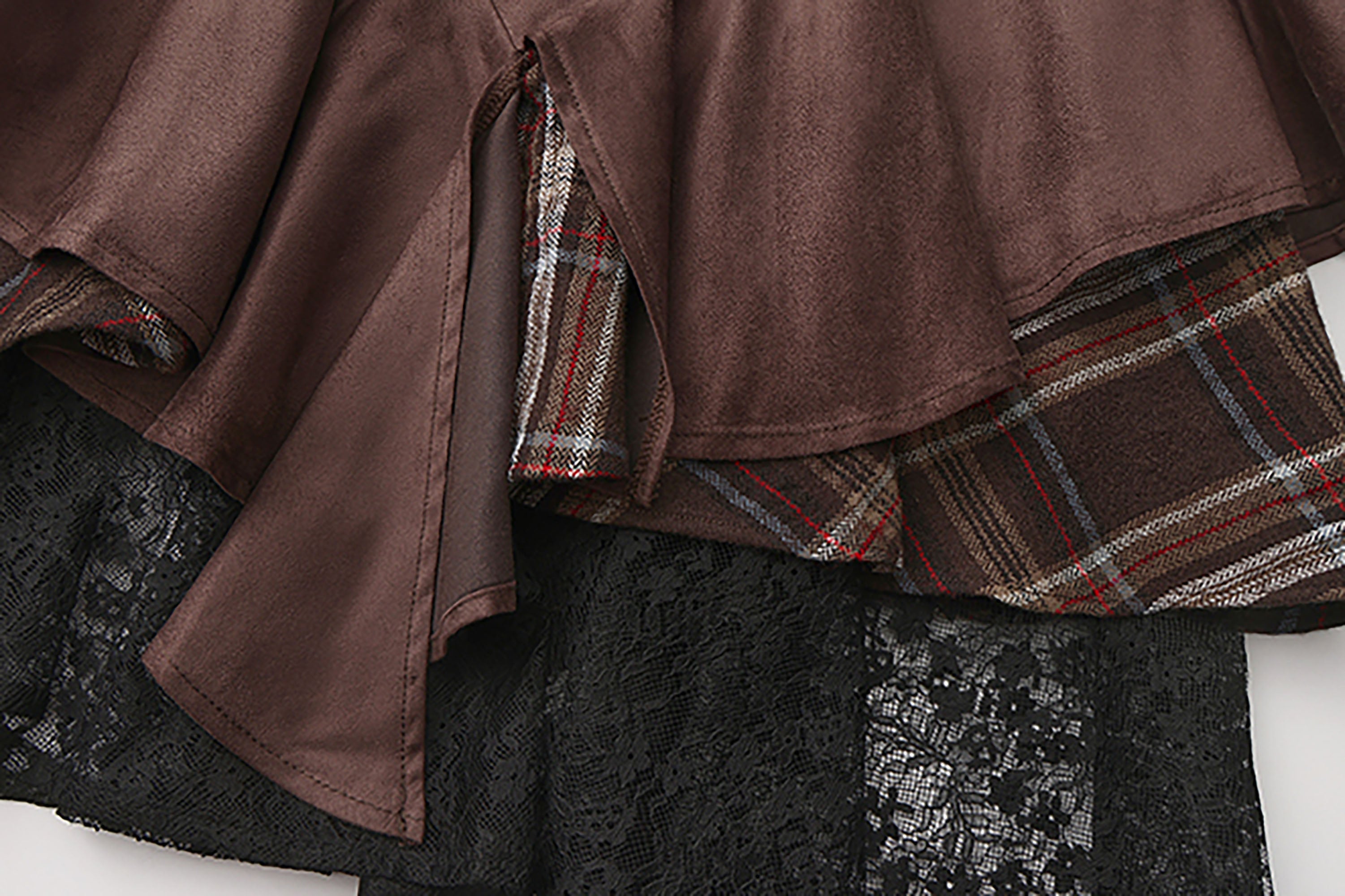 NOESE Asymmetrical Spliced Plaid-Lace Layered Ruffle Skirt