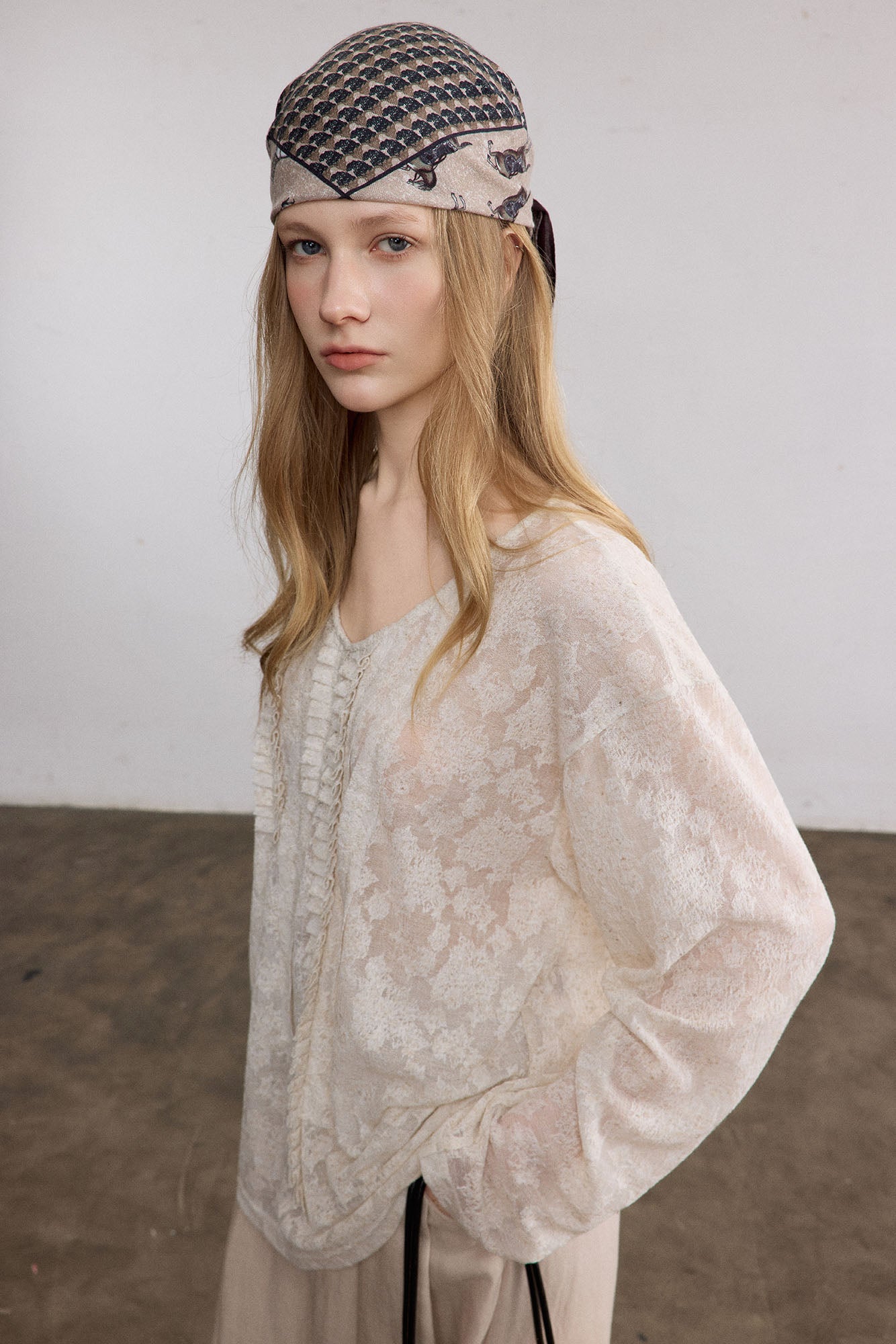 SAME FLOW Sheer Floral Pintuck Long-Sleeve Tee