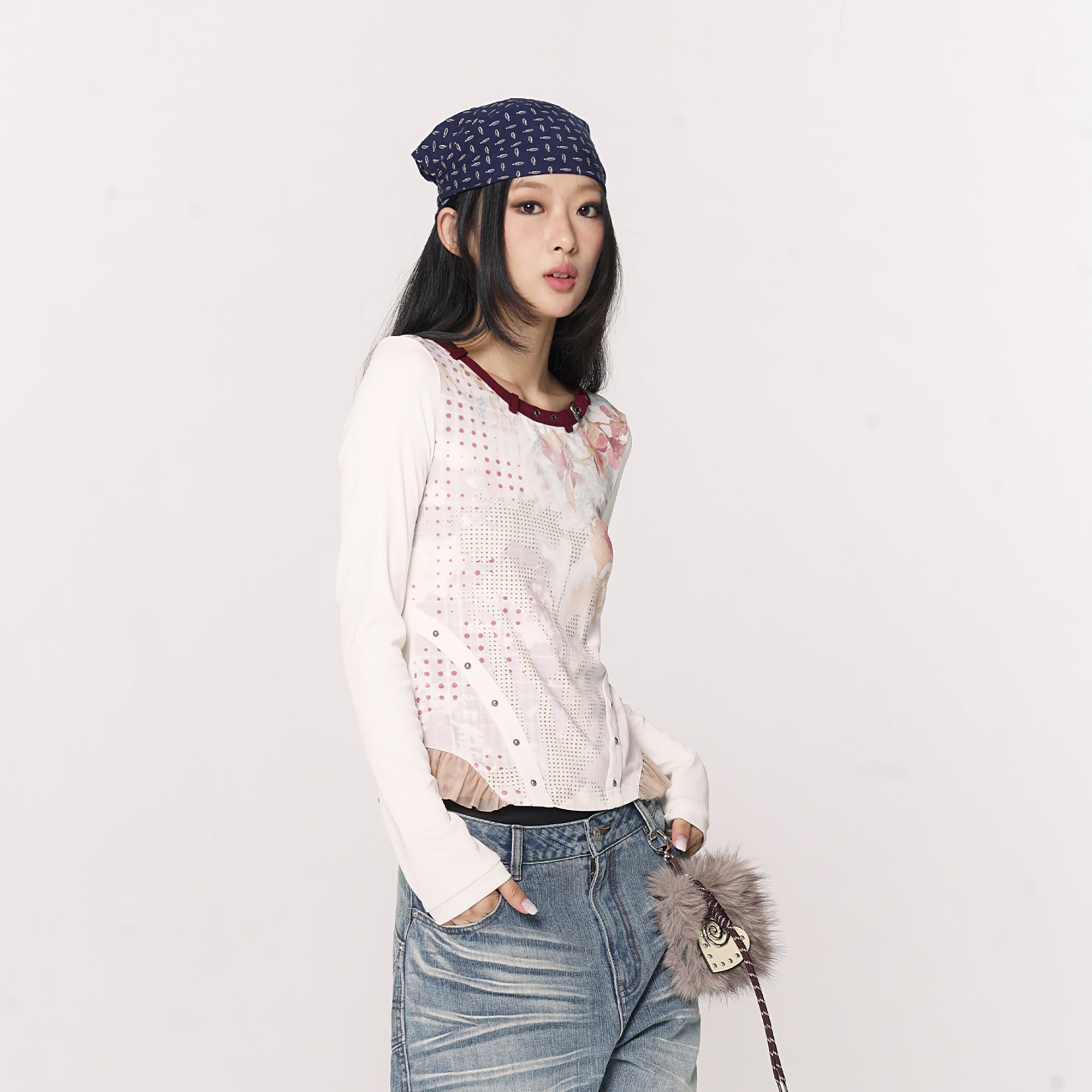 CONFUN Floral Full-Print Rivet Long-Sleeve Tee