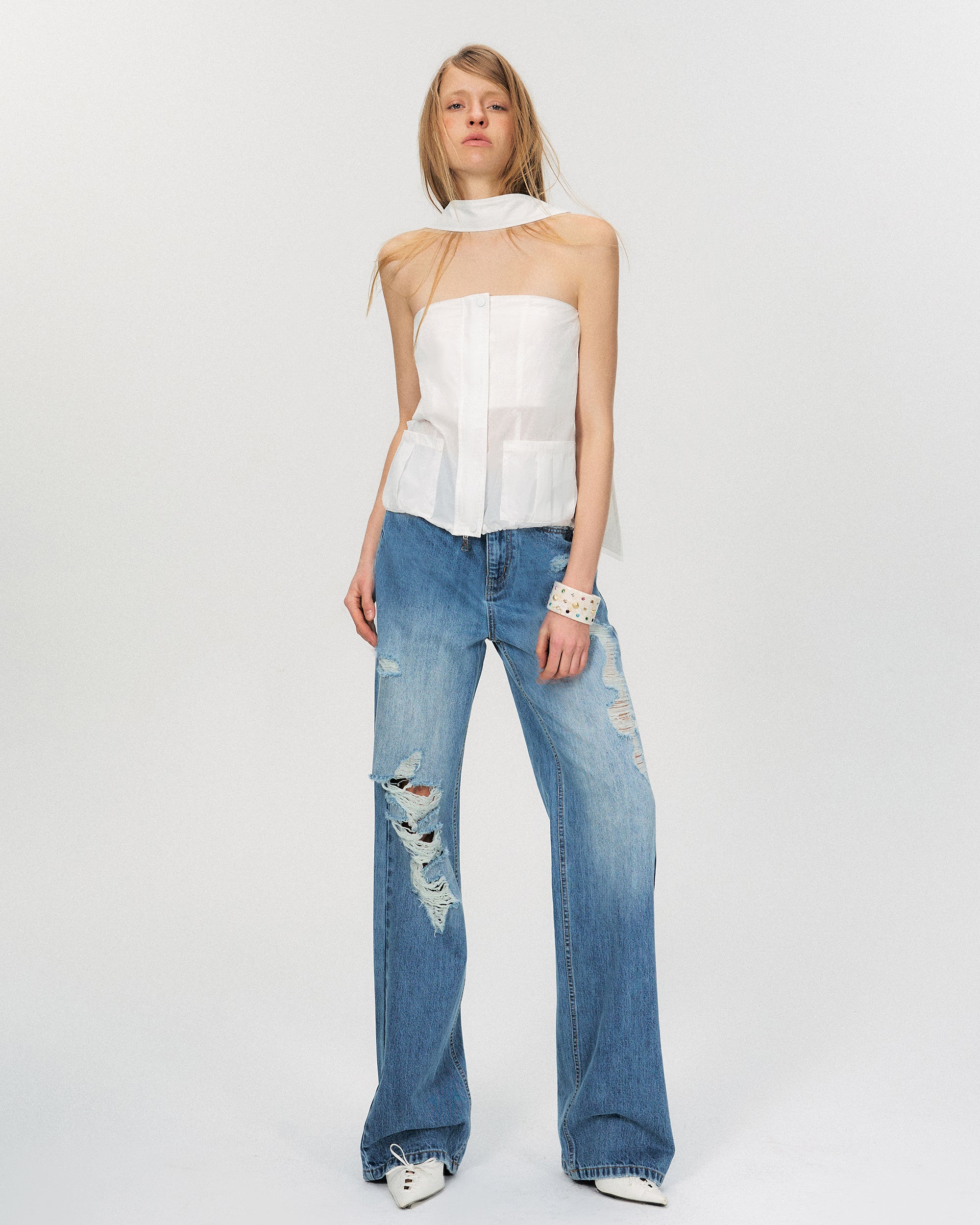 THE NEVERMORE Sheer Strapless Drawstring-Hem Pocket Top