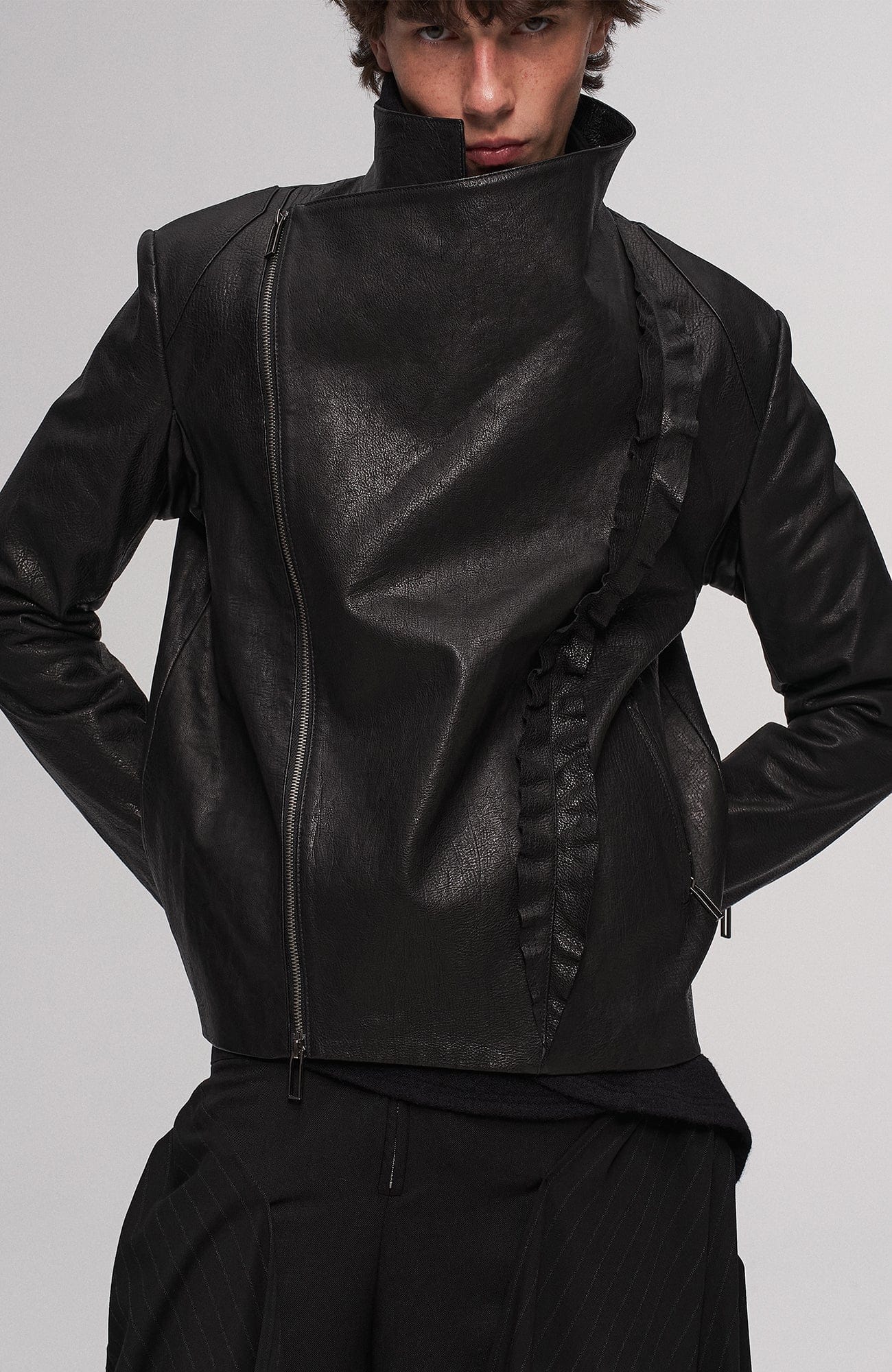 ILNya Nieternite Nifutur Asymmetric Ruffled Leather Biker Jacket