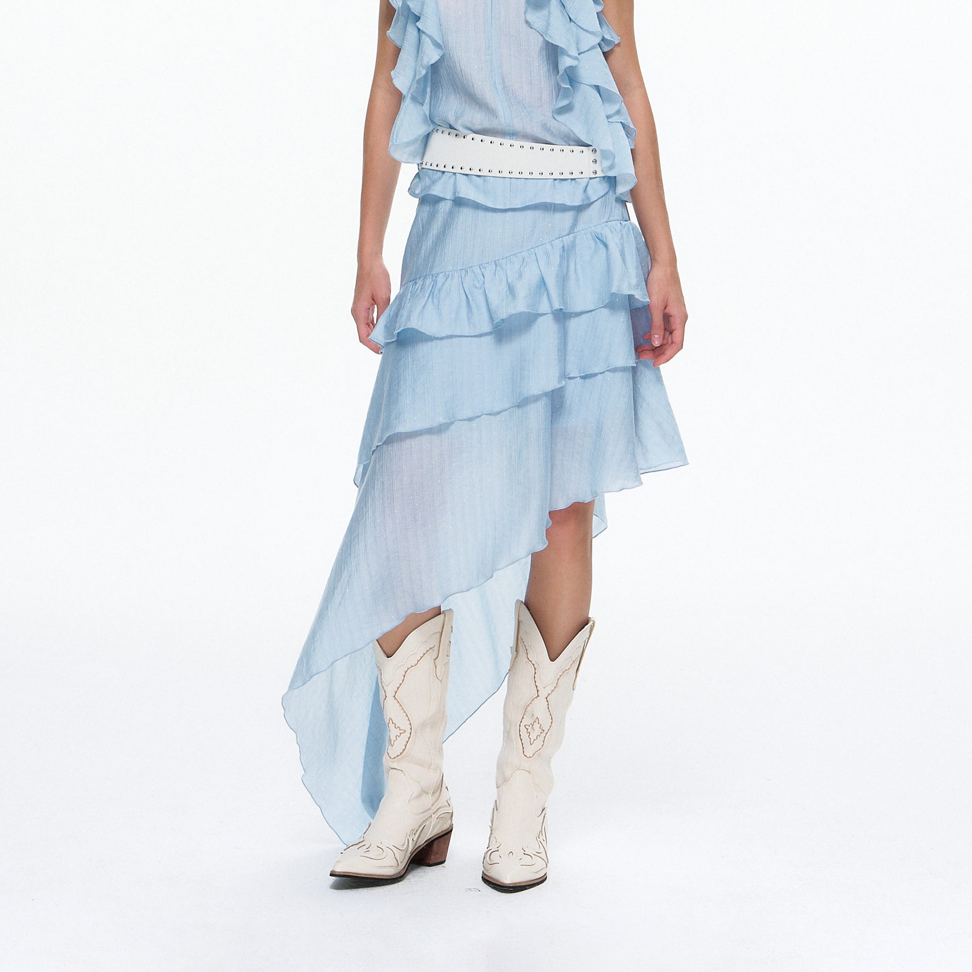 10AMSOTIIIIIIRED Tiered Ruffle Sleeveless Top & Asymmetric Skirt Set