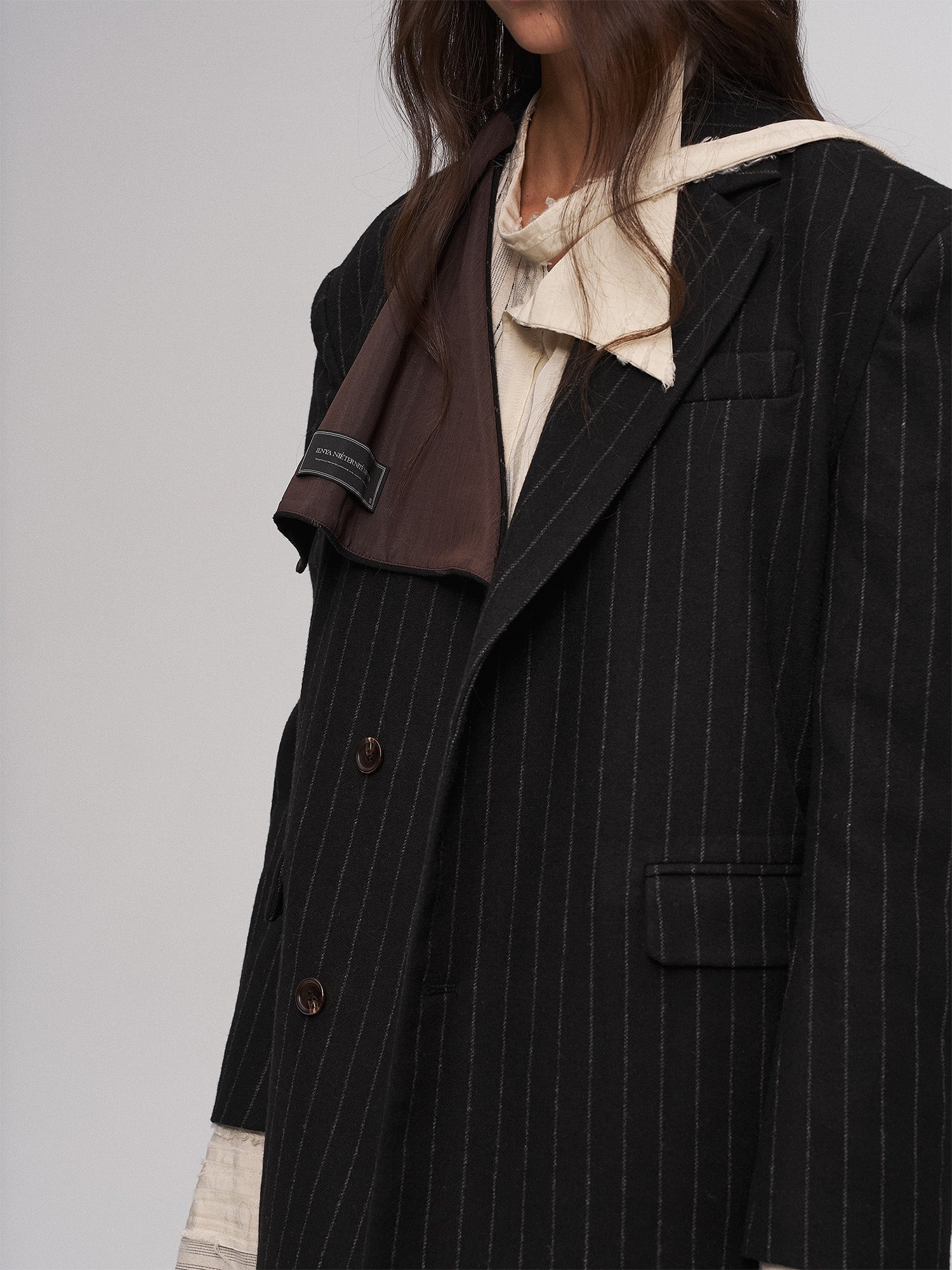ILNya Nieternite Nifutur Asym Pinstripe Draped Flap Wool Blazer