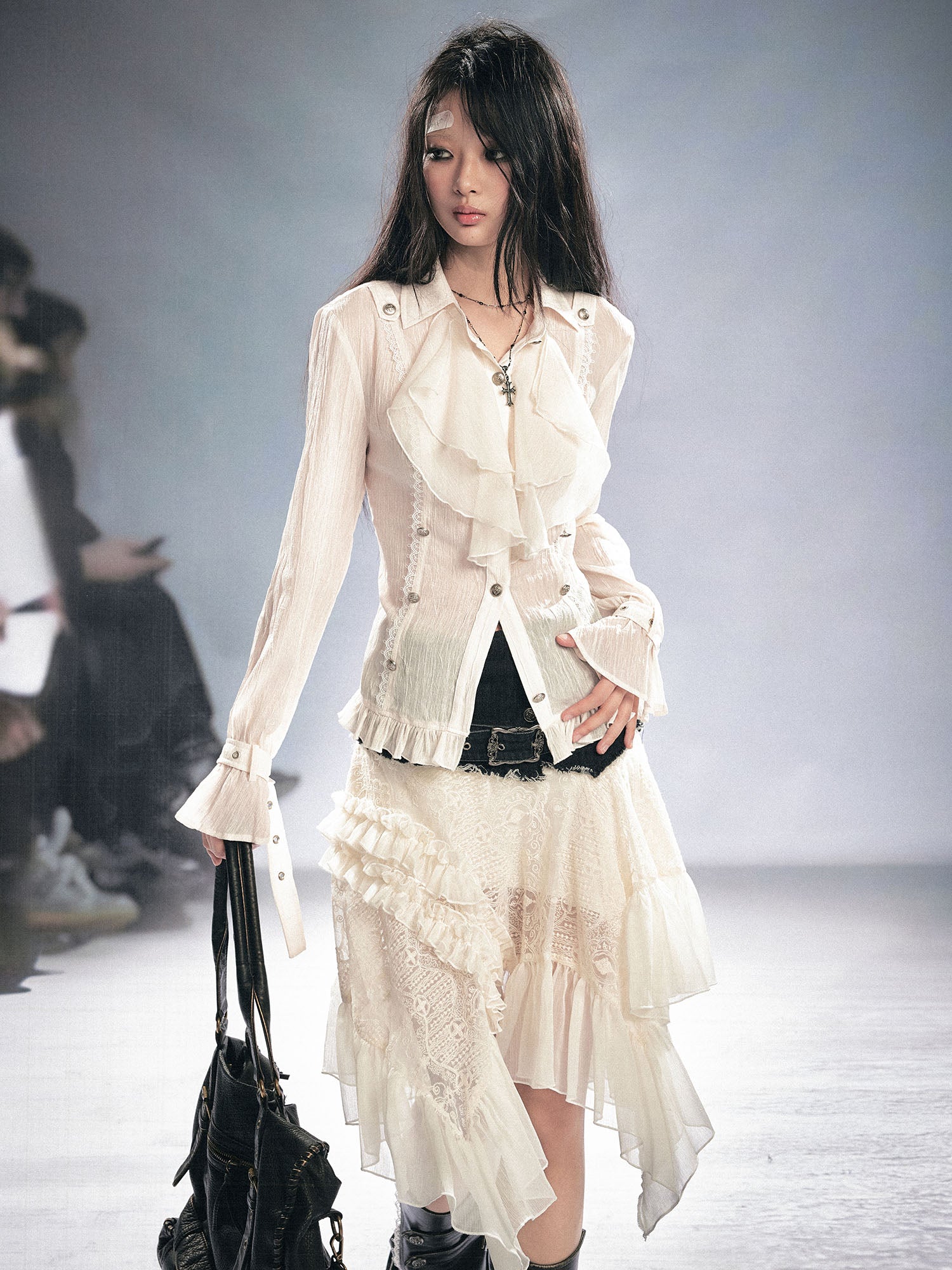 CESTNOUS Crinkled Ruffle Sheer Blouse