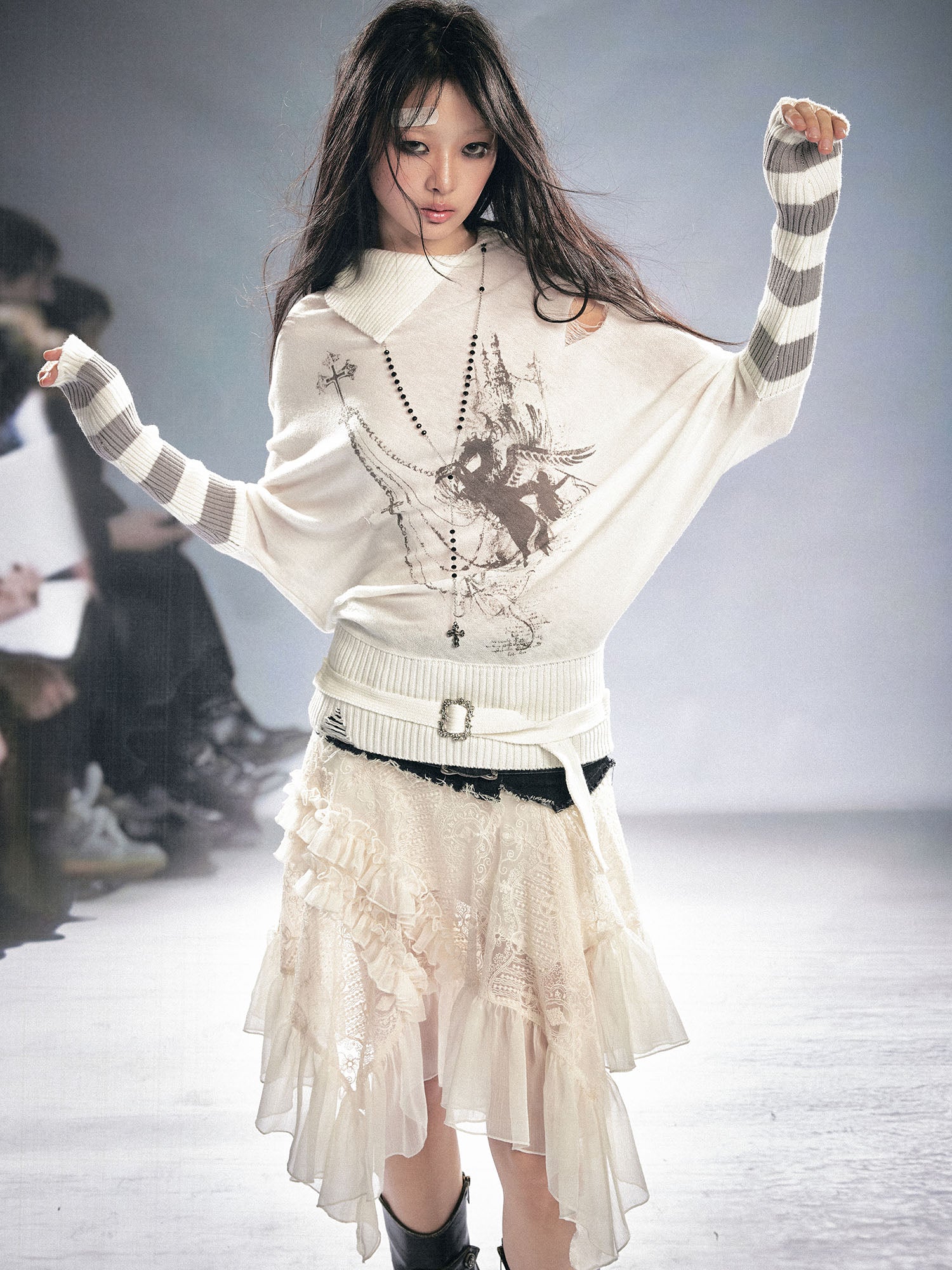 CESTNOUS Gothic Graphic Striped Bat-Sleeve Sweater