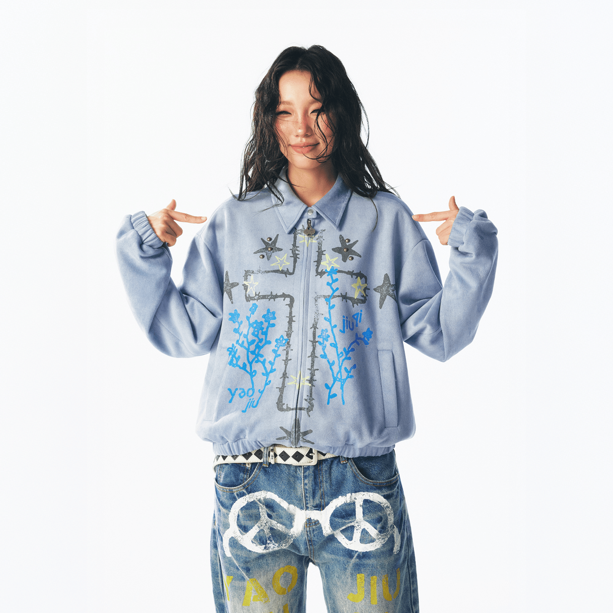1997 POSTOFFICE Floral Cross Faux Suede Jacket