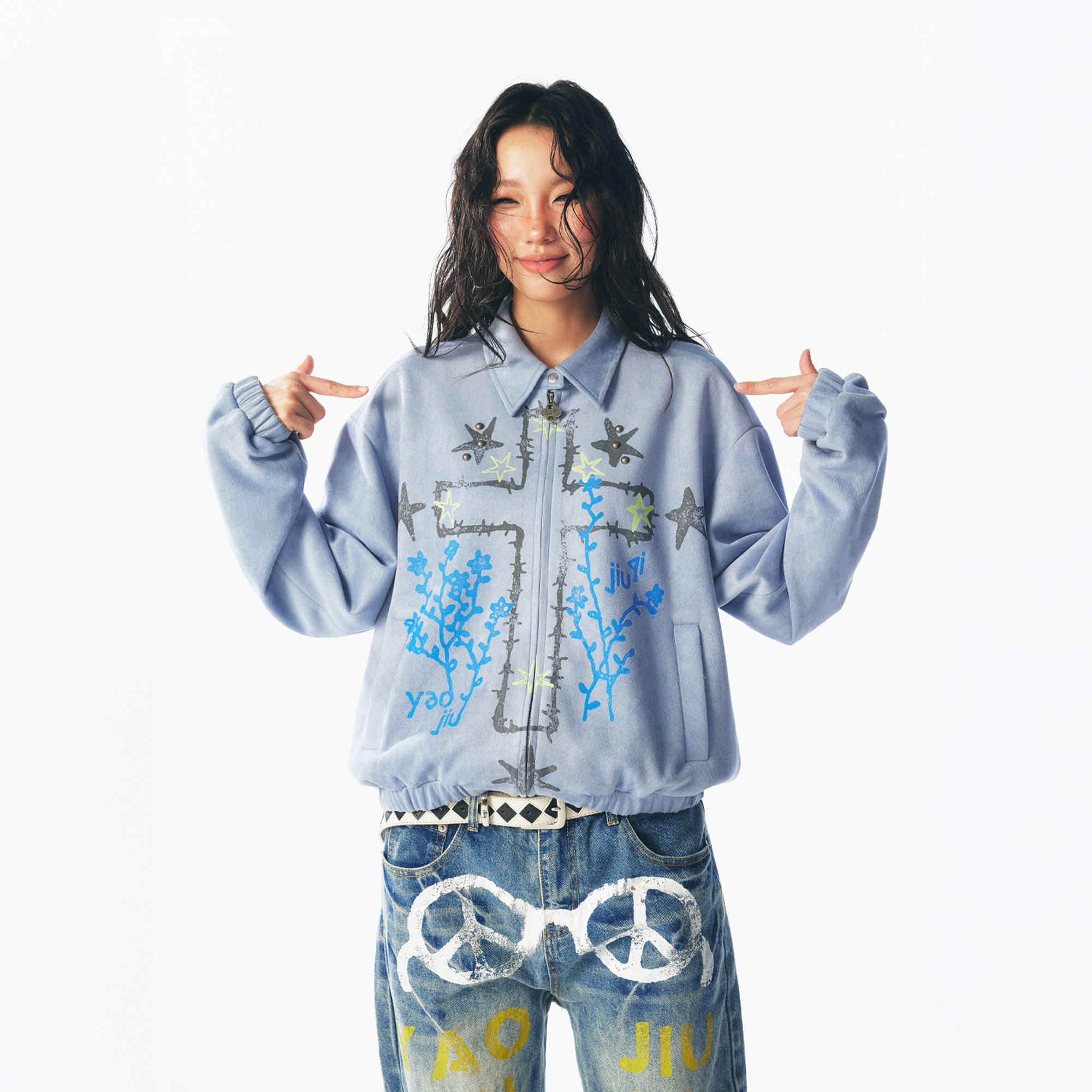 1997 POSTOFFICE Floral Cross Faux Suede Jacket