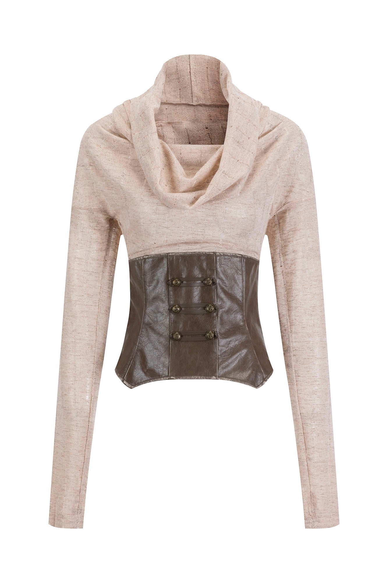 CESTNOUS Faux Leather Corset Draped Knit Top