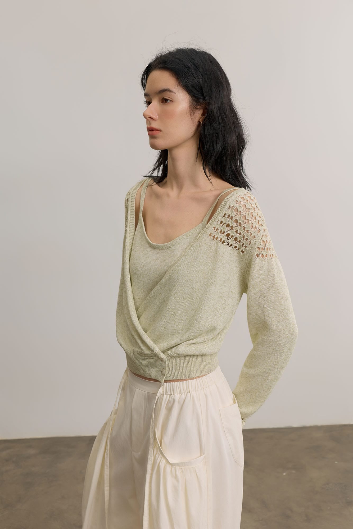 SAME FLOW Open-Knit Cropped Cardigan Set