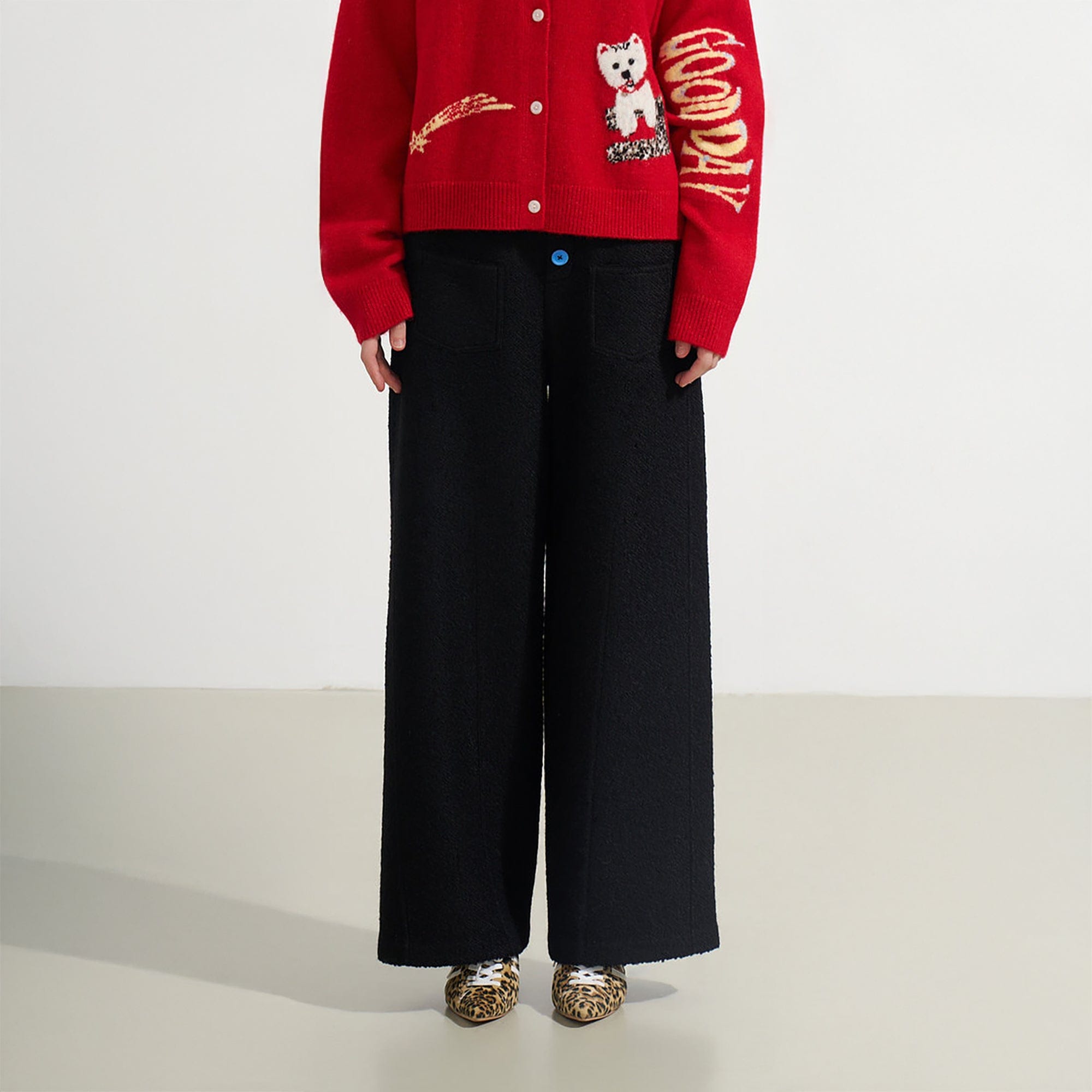 SOFITTE Wool-Blend Color Button Wide-Leg Pants