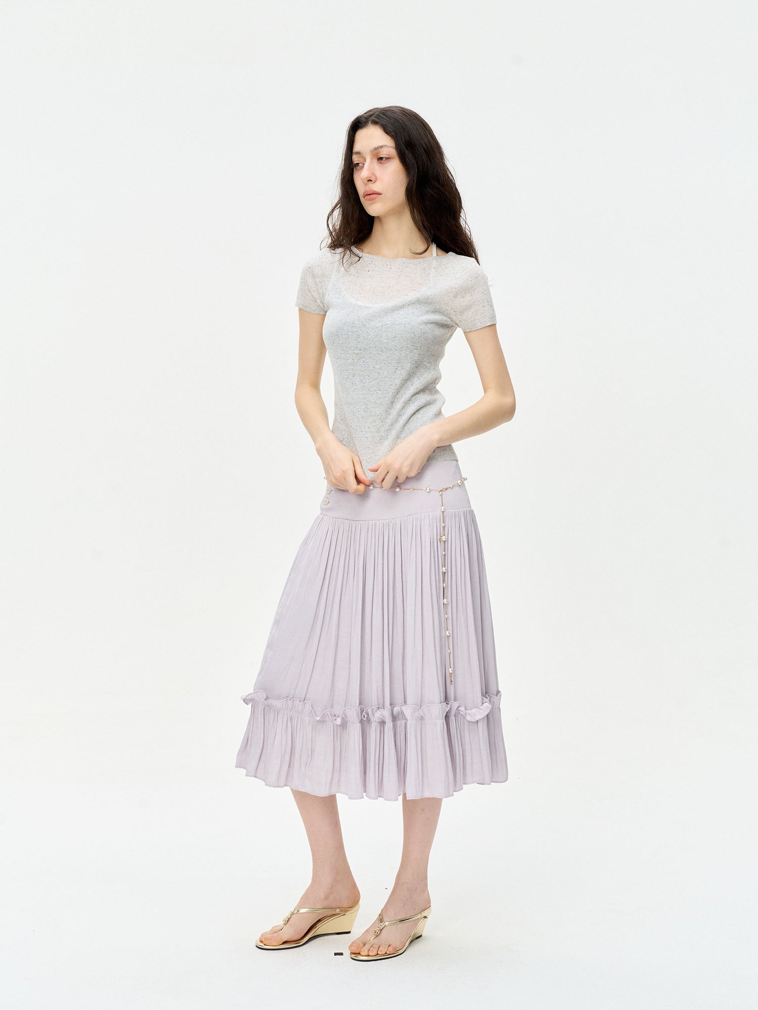 LEONSENSE Ruffle-Hem Pleated Midi Skirt