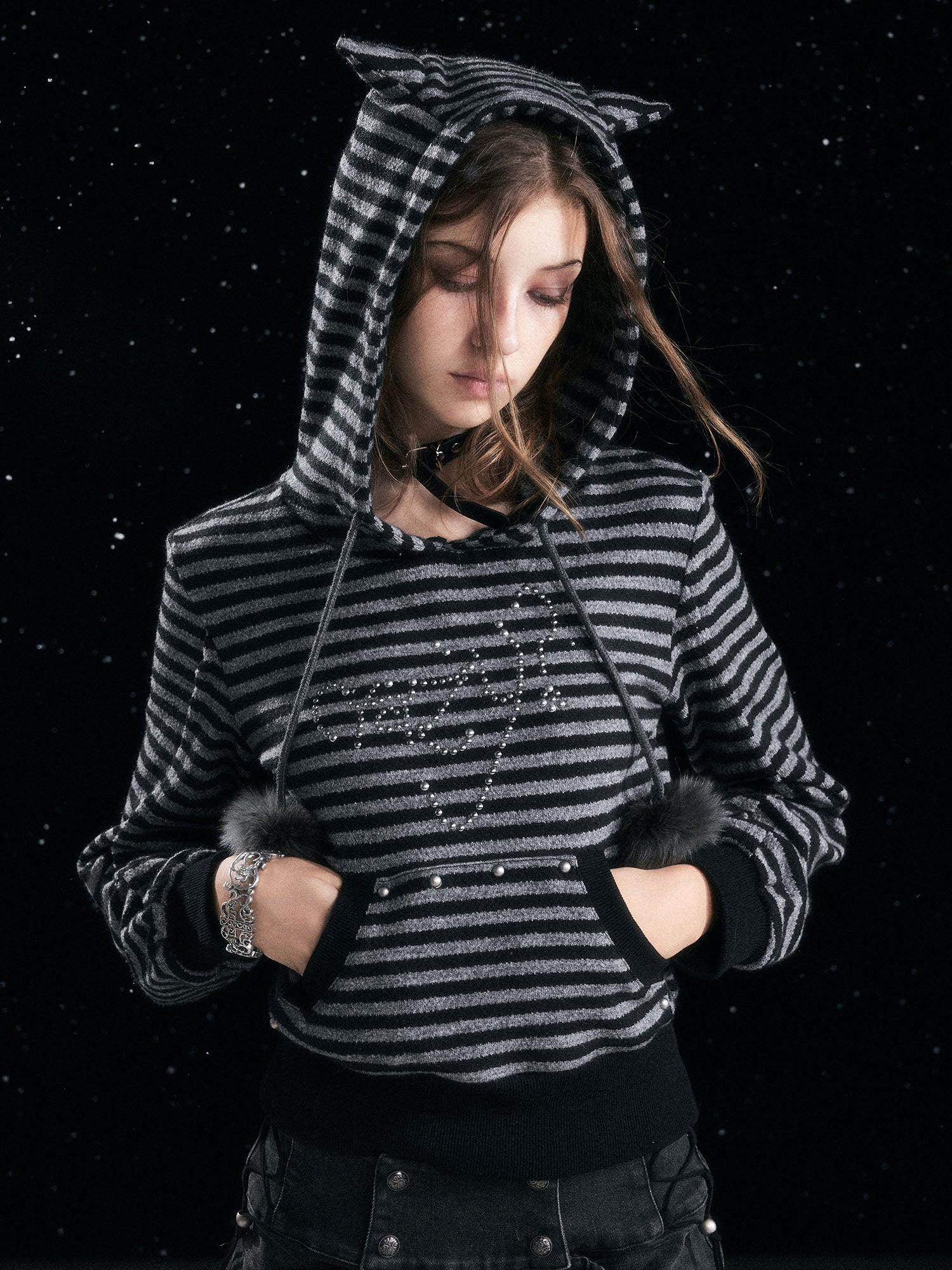 CESTNOUS Studded Striped Cat-Ear Hoodie